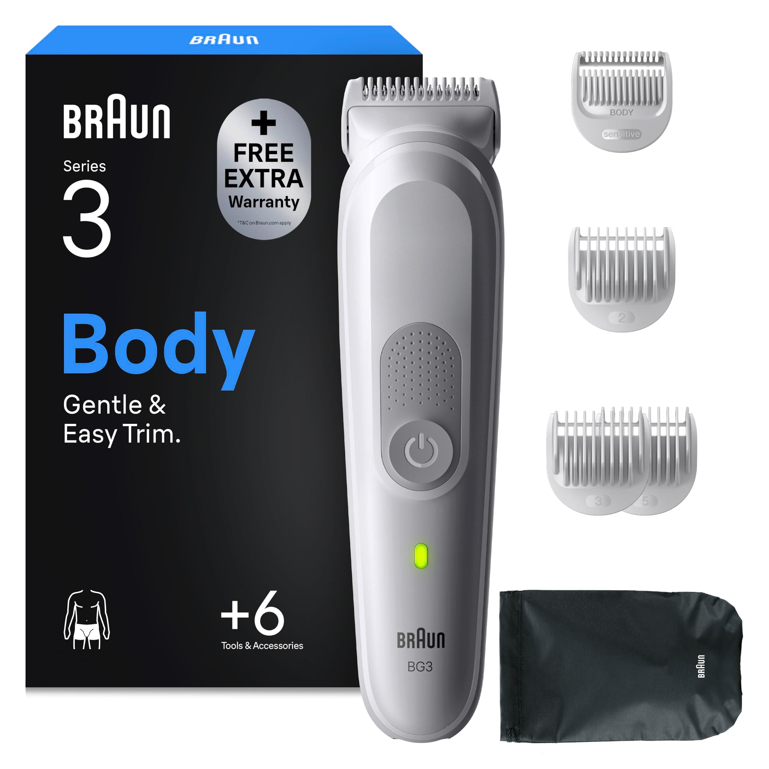 Braun Recortadora Corporal Hombre Series 3, BG3575, Gris | Afeitadora Corporal para Pieles Sensibles, 6 Accesorios de Rasurado, 80 Min de Uso, Afeita Y Recorta, Resistente al Agua
