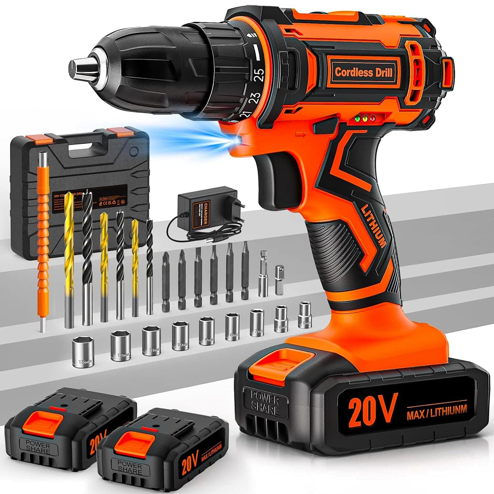 Trapano Avvitatore a Batteria 20V, 2 Batterie 2.0Ah, Max 42Nm, 25+1 Impostazione Coppia, LED Luce, 2 Velocità, 24 Accessori, 10mm Mandrino Autoserrante, per Riparazione, Fai da te