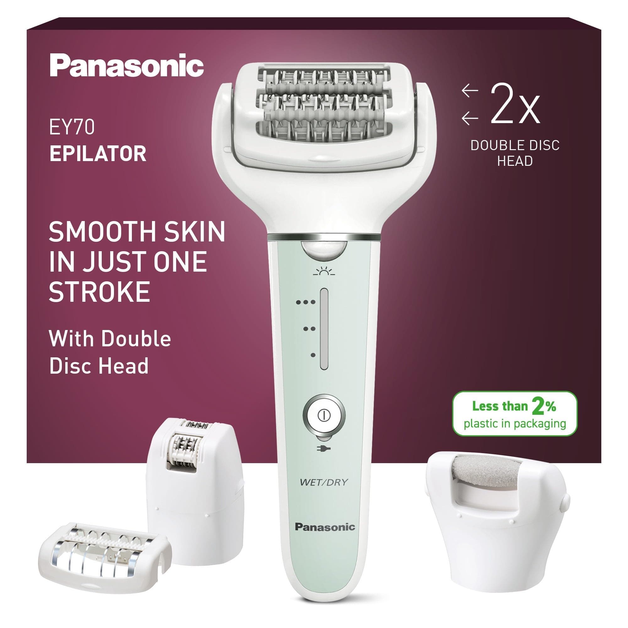Panasonic ES-EY70-G503 Húmedo y Seco Depiladora, Doble Disco con 60 Pinzas, Flexible 90º Pivotante Cabeza, 3 velocidad Ajustes y LED Luz, 30 Minutos Operación Tiempo, Cabeza para Cuidado Pies