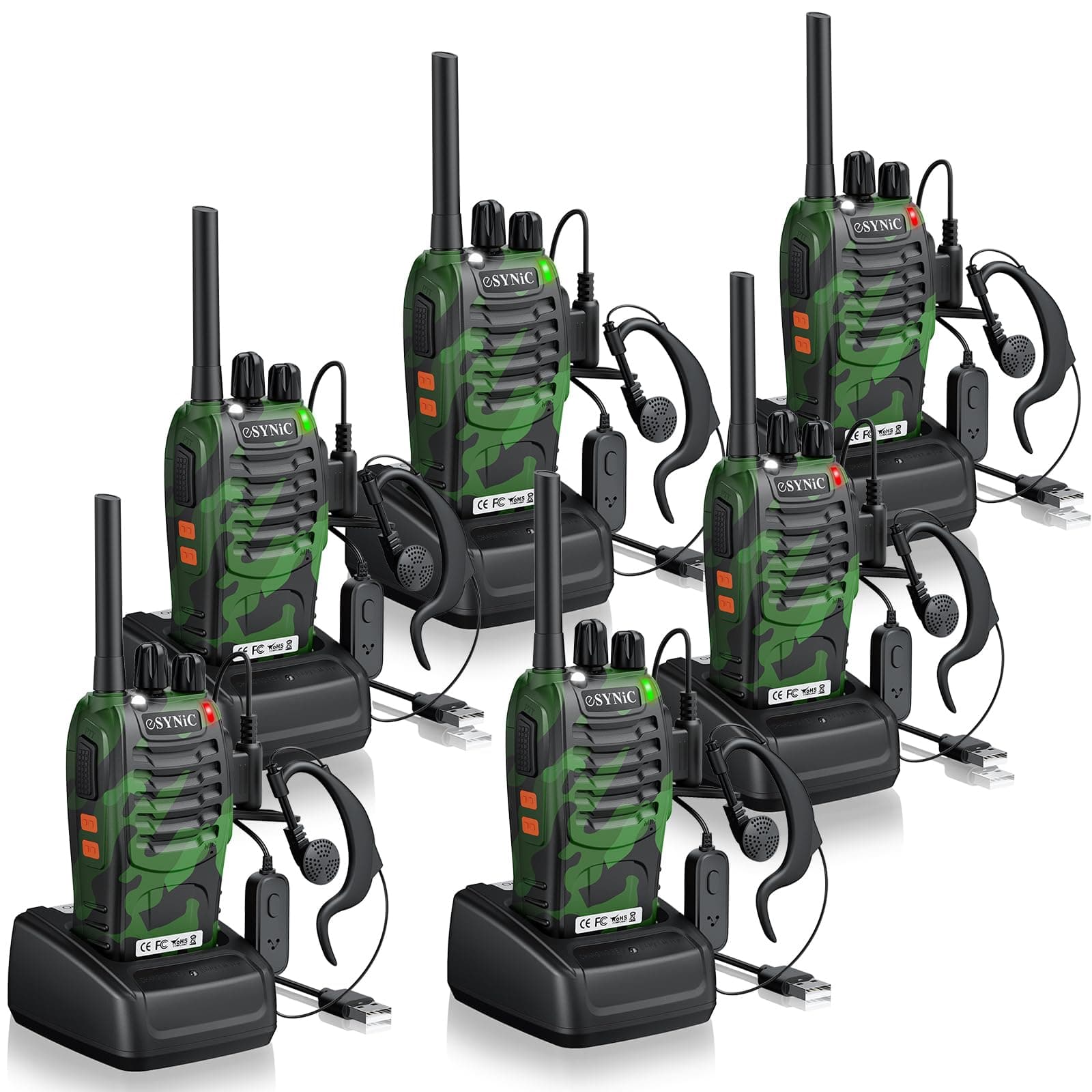 eSynic 6PCS Walkie Talkies de Larga Distancia con Auriculares Walkie-Talkie Profesional 16 Canales 1500mAh con Cargador USB Radio Bidireccional Profesional Soporta VOX para Exterior Camping