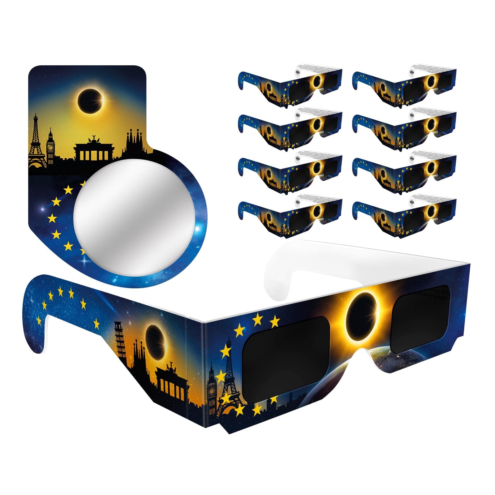 Gafas Eclipse Solar Homologadas 2026 (Paquete de 10), Cumple con las Normas CE e ISO, Seguras para Observar el Sol Directamente, con Filtro para Fotos, Diseño de Bandera (Solar Eclipse Glasses)