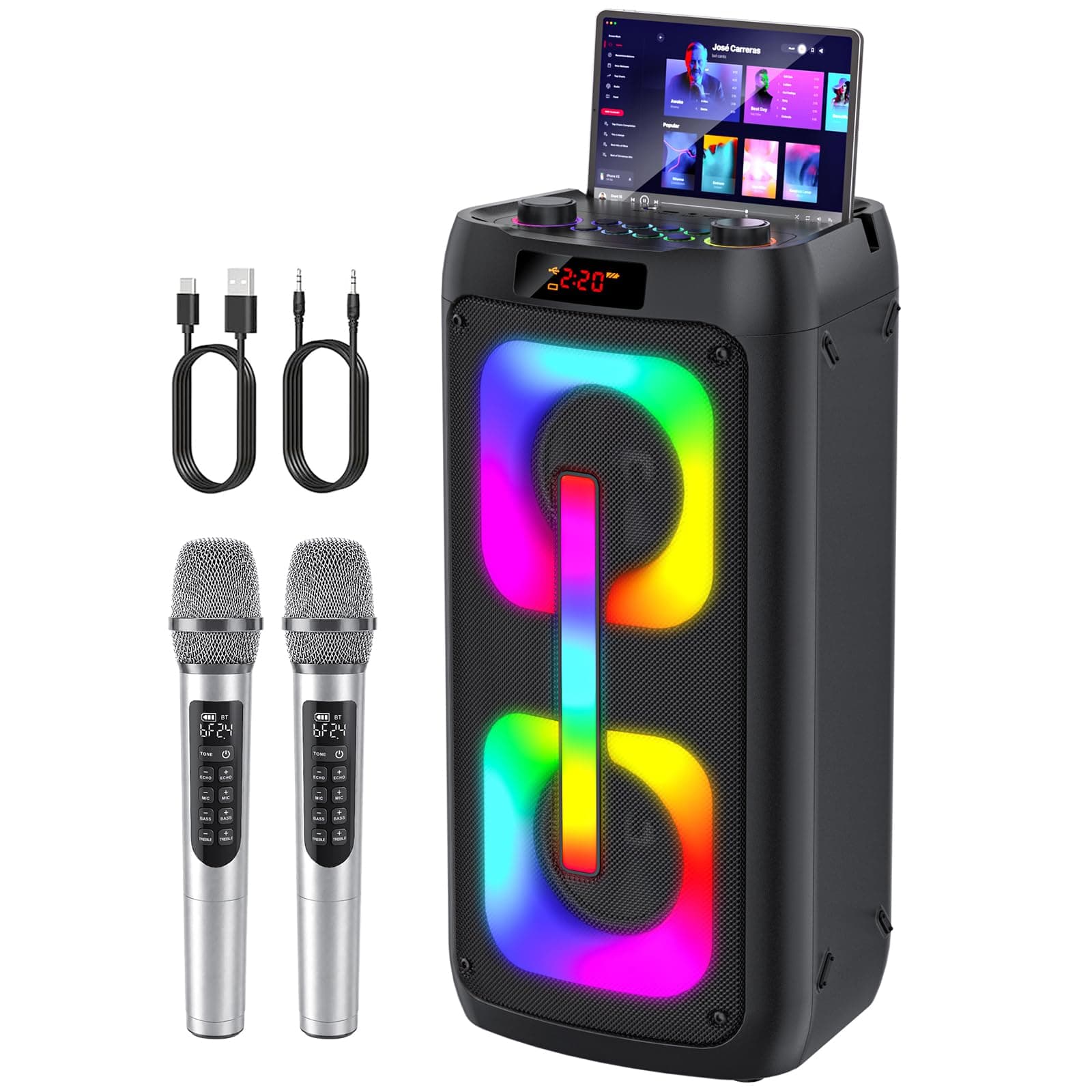 Máquina de Karaoke 2 microfonos inalambricos,Altavoz Karaoke Profesional Completo,Bluetooth portátil con Luces LED,Sistema PA,para Fiestas,Regalo,al Aire Libre,soporta Bluetooth/TF/USB/AUX/TWS