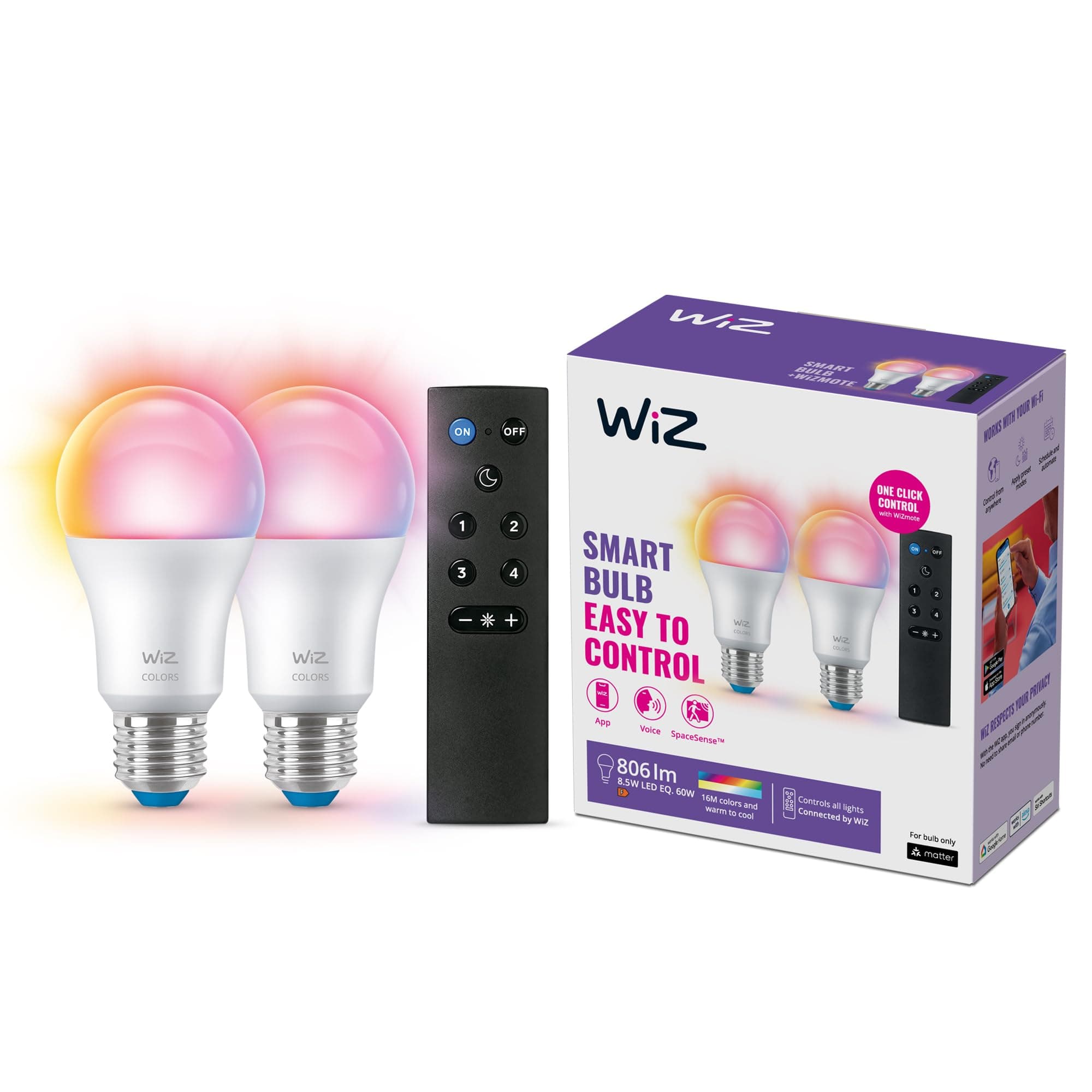 WiZ Pack de 2 bombillas con mando a distancia - Luz de color y blanca - Bombilla LED inteligente -E27-60 W - Conecta a Wi-Fi - Fácil de controlar, con tecnología SpaceSense