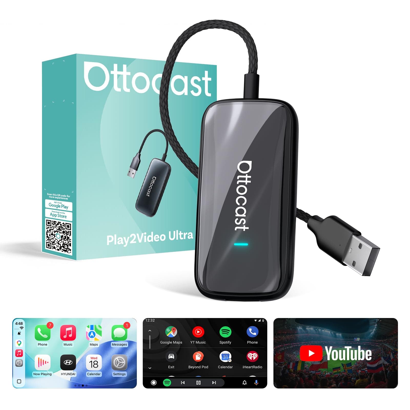OTTOCAST Play2Video Ultra, 3 en 1 Caja AI para Netflix/Youtube/Prime Video, Adaptador CarPlay inalámbrico y Android Auto con USB, Wi-Fi Dual Band, Bluetooth 5.4, Baja Latencia, 4GB+32GB, Plug & Play