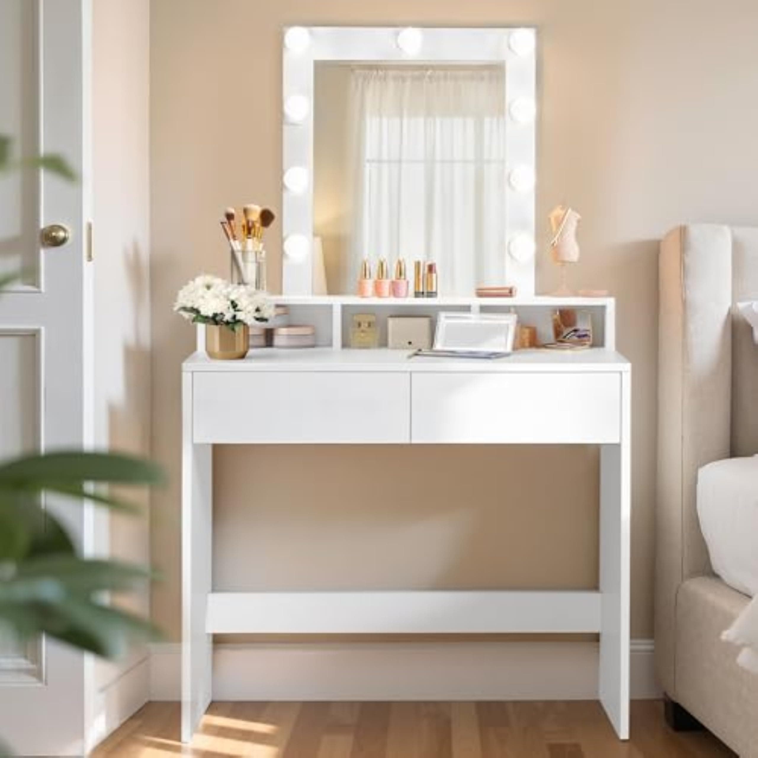 VASAGLE Tocador, Mesa de Maquillaje con Espejo, 2 Cajones | Espejo Grande, 3 Compartimentos, Moderno, Blanco Nube, KAILYN Colección RDT114W01