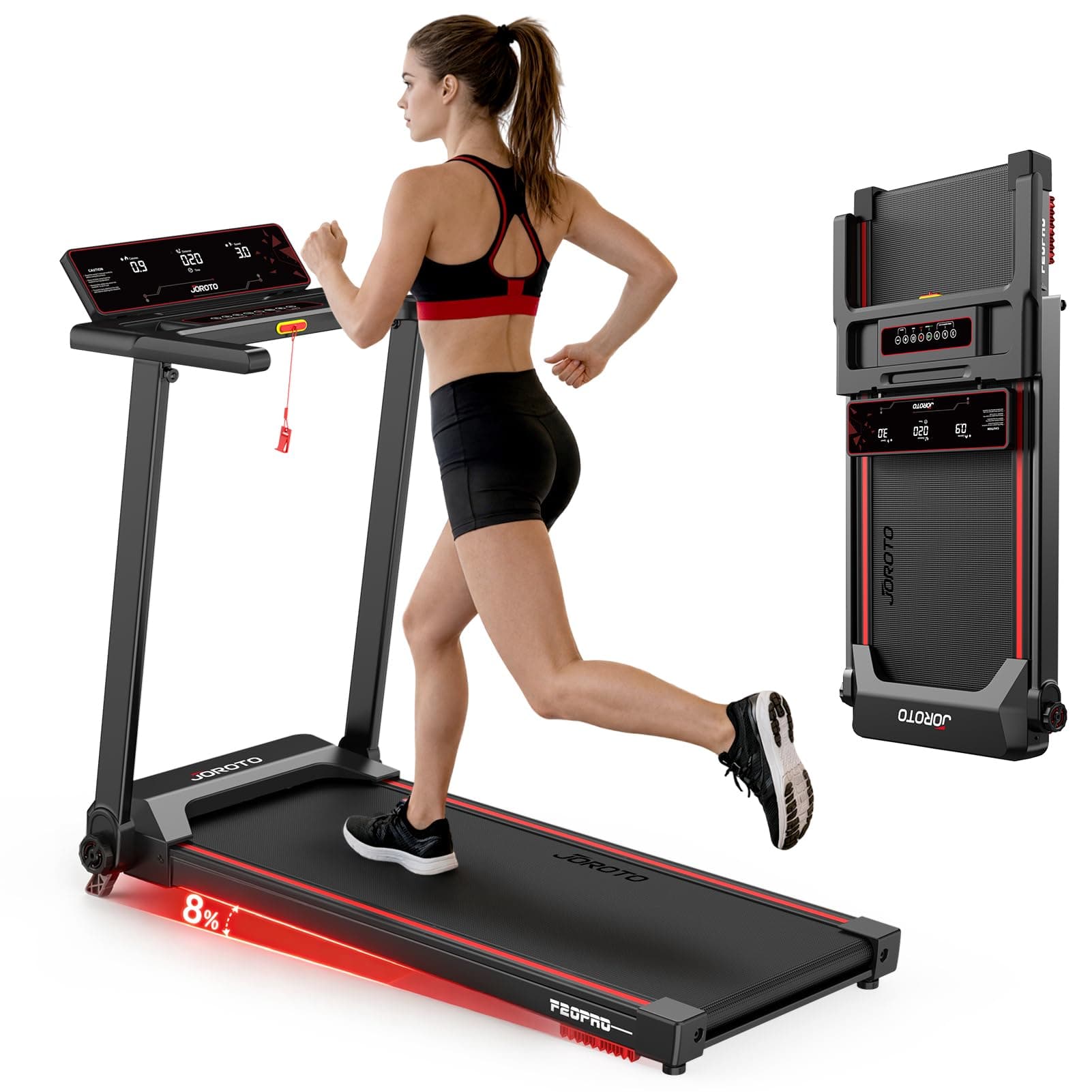 JOROTO Tapis de Course Pliable pour la Maison, Moteur 2,5PS, Inclinaison à 8%, Vitesse 1-12 KM/H, Large Tapis de Marche, Écran LED, Poids Max 130KG, Compact avec Poignées pour Marche et Course