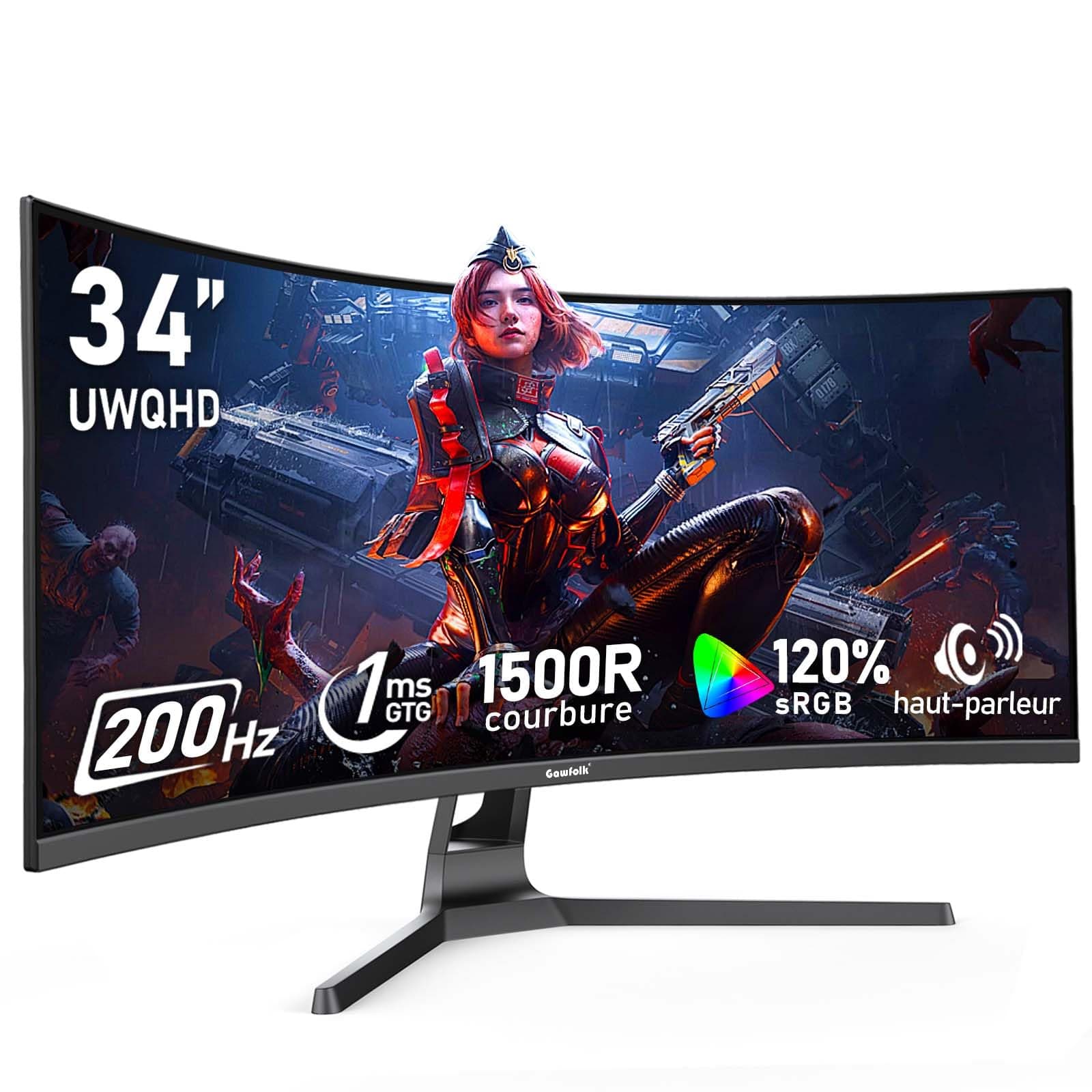 Gawfolk Écran PC Ultra Large 34 Pouces 1500R incurvé 200Hz Gaming Computer Moniteur,21:9 UWQHD(3440x1440),120% sRGB,Adaptive Sync,Haut-Parleur intégré,DisplayPort、HDMI,VESA 75 * 75MM-Noir
