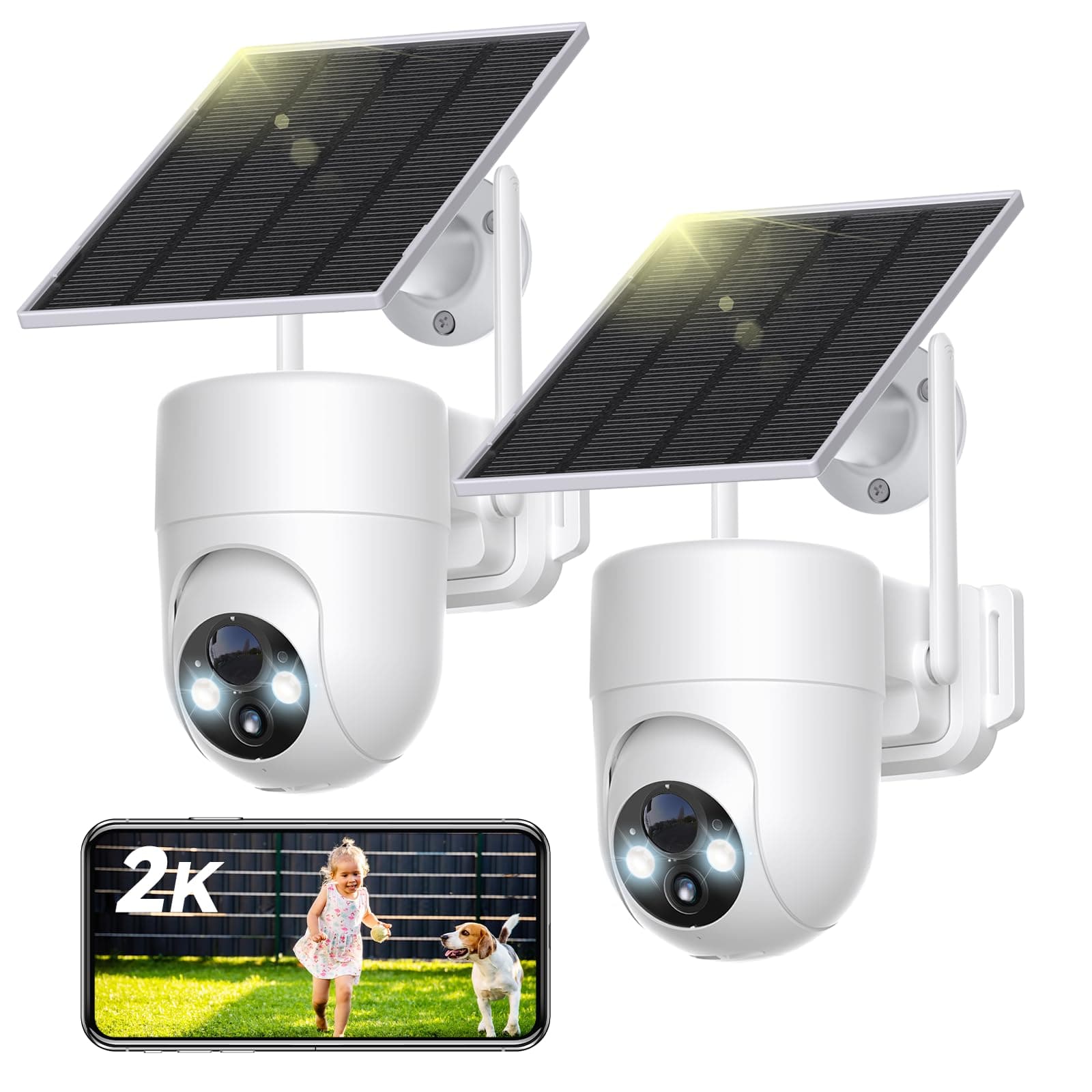 SEHMUA 2PCS Camara Vigilancia WiFi Exterior Solar con Bateria Sin Cables | 2K Cámaras con Visión Nocturna Color, 360° PTZ, Humana Detección de IA, PIR Detección, Audio Bidireccional, 2.4 GHz, IP66