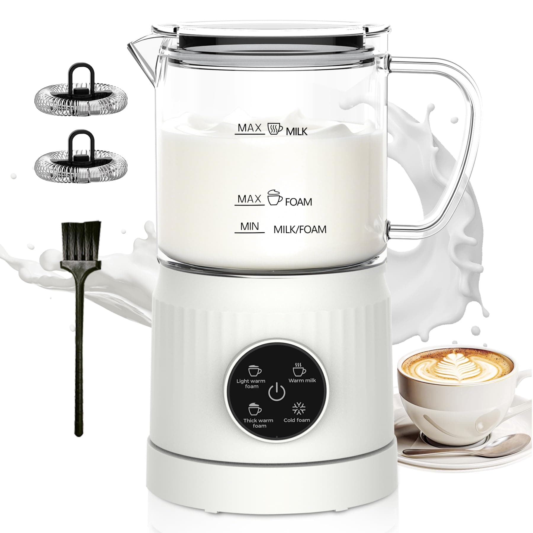 Montalatte Elettrico 4 in 1, Cappuccinatore Elettrico per Calda e Fredda, Scaldalatte in Vetro, Macchina Automatica per Caffè Latte, Cioccolata (Bianco)