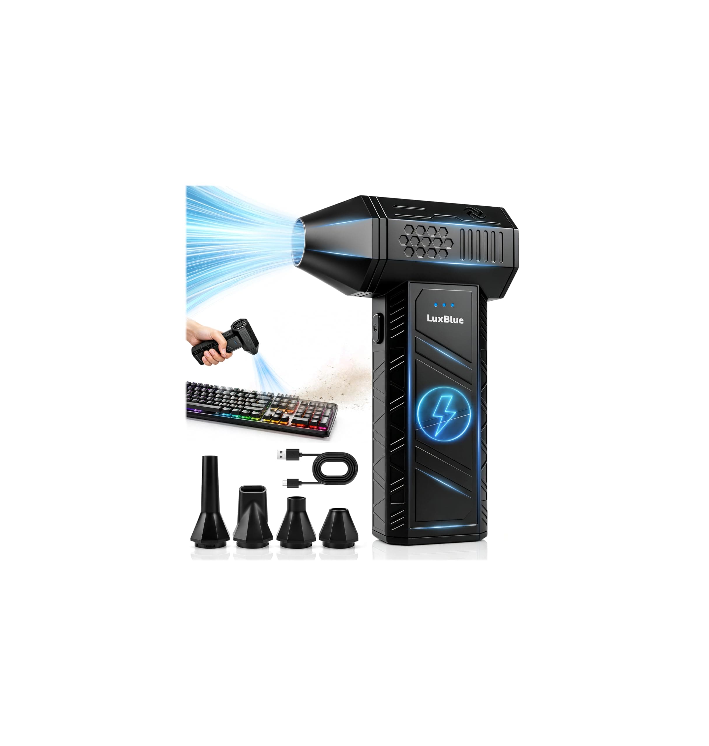 Potente Soplador de Aire Comprimido Limpieza PC, 130000RPM, 3 Velocidades | Soplador Electrico de Mano con Batería Recargable, 4 Boquillas, 205g, 240 Min, Mini Soplador de Aire para PC, Teclados,Coches