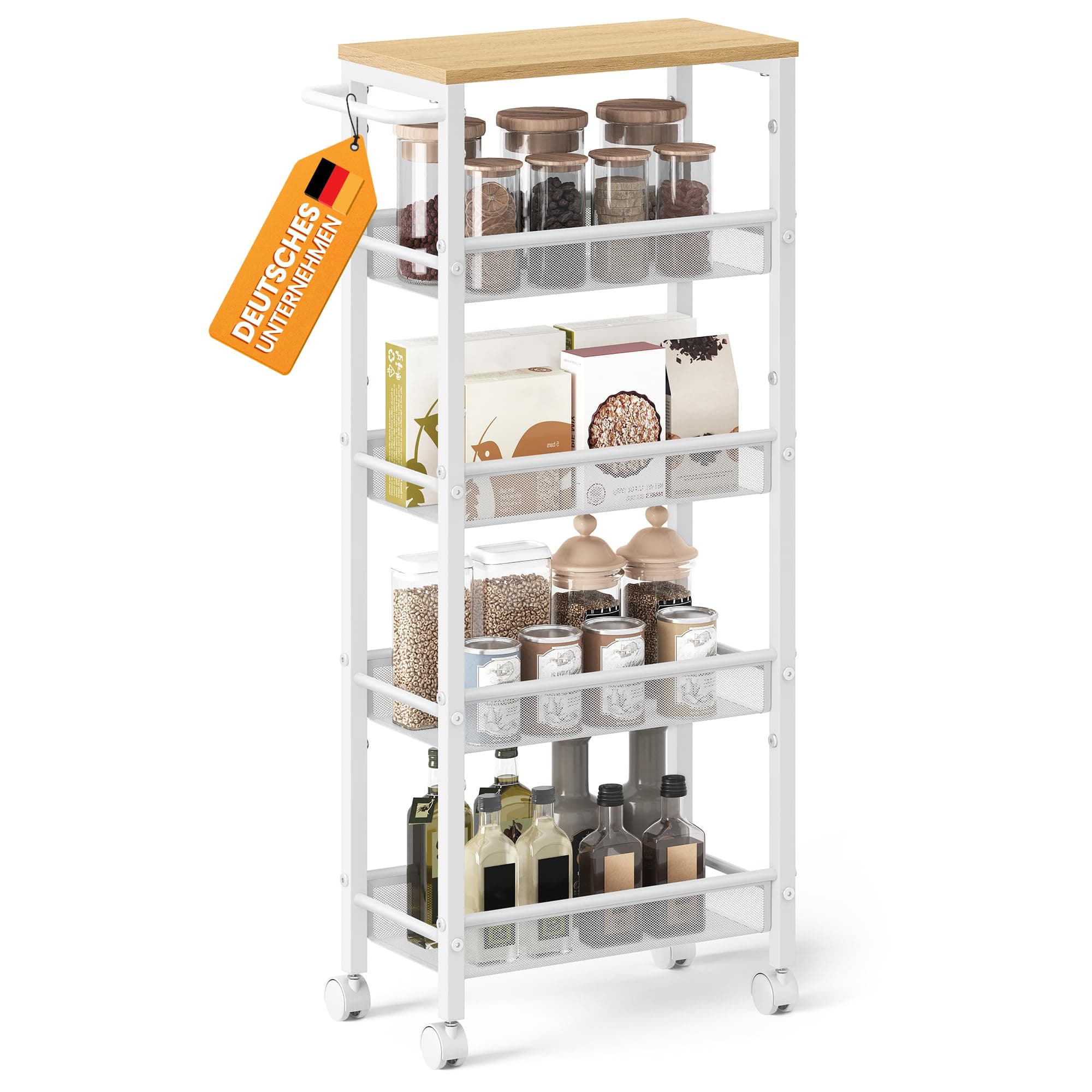 VASAGLE Rollwagen 5 Ebenen, Küchenwagen schmal, Nischenregal auf Rollen, Stahl, Griff, für kleine Räume, 22 x 45,4 x 99,6 cm, Küche, Bad, Wohnzimmer, Arbeitszimmer, eichenfarben-weiß LRC035W09