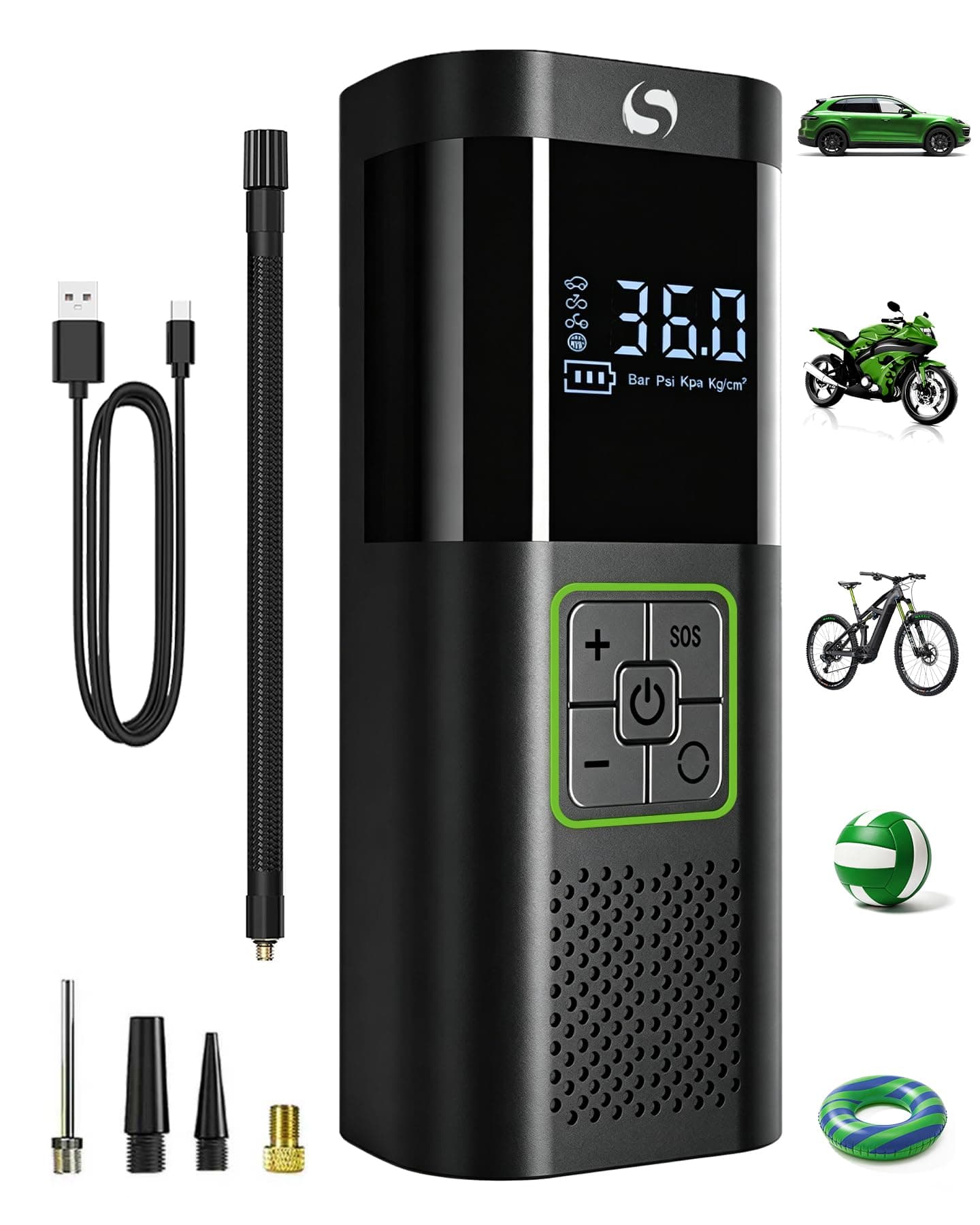 SERVOMASTER Compresor Aire Portatil, 150PSI Compresor Aire Coche, Inflador Ruedas Coche con Manómetro, Inflador Electrico, con Luz LED para Coches Moto Bicicleta Bola