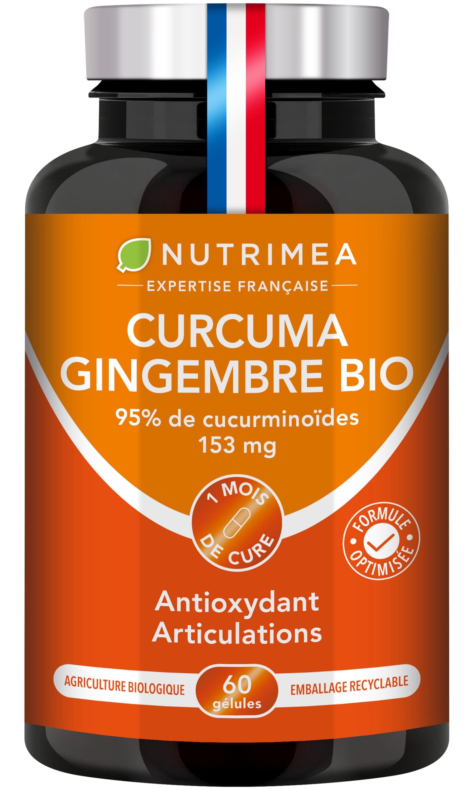 Curcuma | 6000 mg | Extrait BIO 40:1 Titré à 95% en Curcuminoïdes | Avec Gingembre BIO | Forte Concentration | Hautement Biodisponible | 60 Gélules Vegan | Nutrimea | Fabriqué en France
