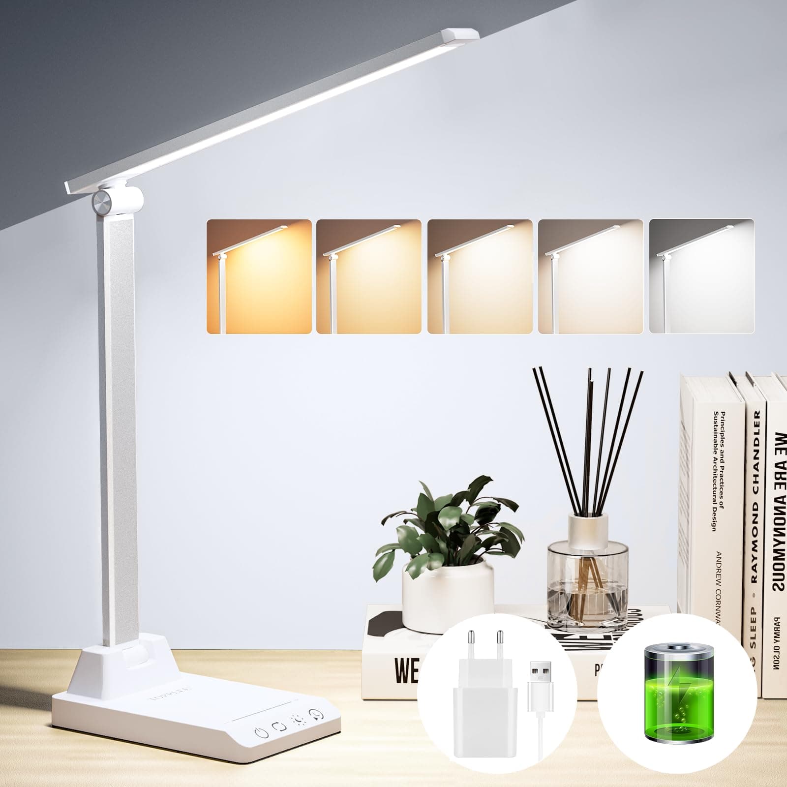 Lámpara Escritorio, Flexo Led Escritorio con 2500mAh Batería, 5 Modos,10 Niveles de Brillo Lámpara Escritorio LED, Temporizador de 30/60min Lampara Escritorio Led, Función de Memoria Flexo Escritorio