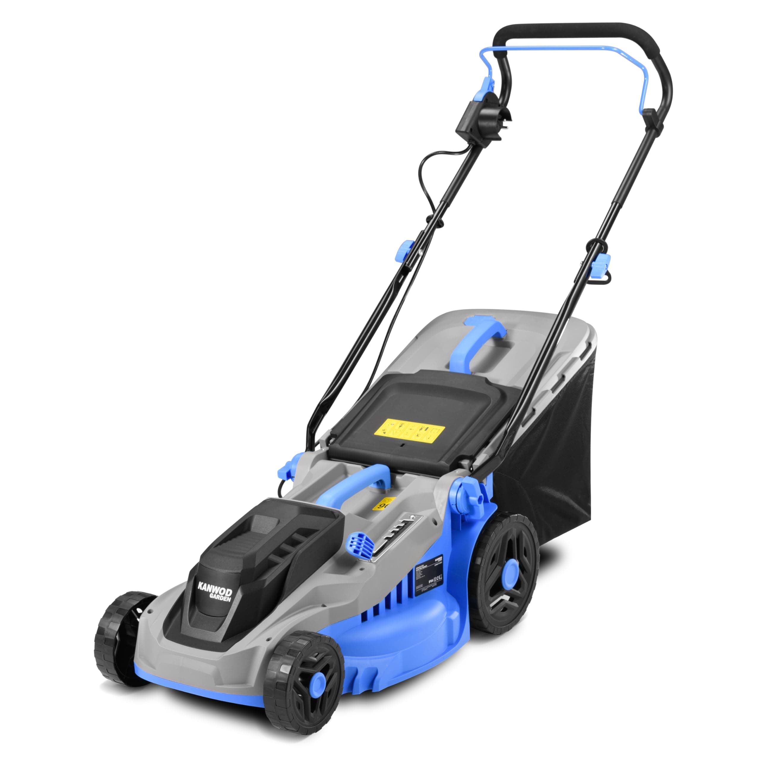 KANWOD Tagliaerba Elettrico, 1600 W, Larghezza di Taglio 38 cm, Cesto Raccoglierba 42 L, Regolazione Altezza Taglio 5 Livelli 30-75 cm, Tosaerba per superfici fino 1000 m², 3400 giri/min, Grigio/Blu