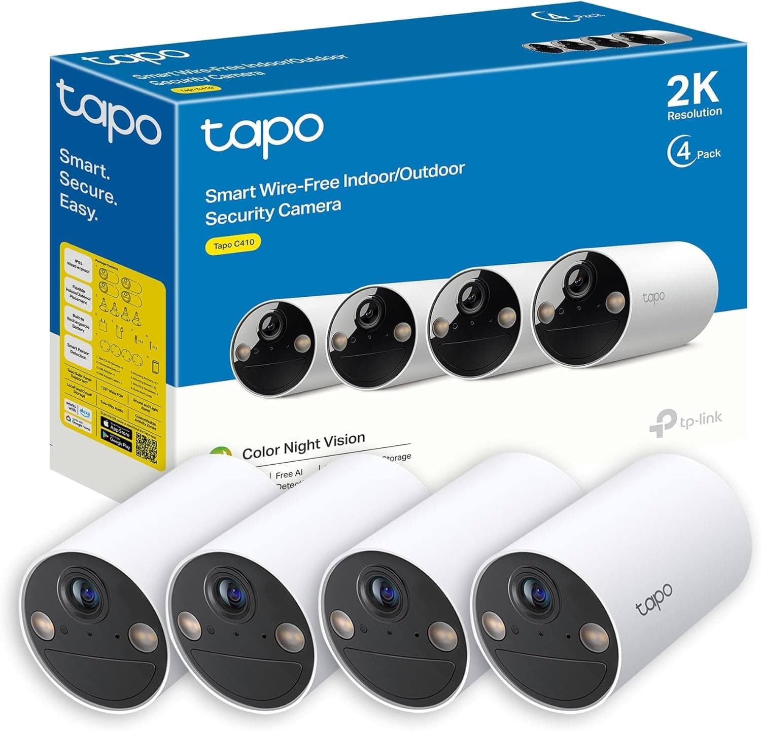 Tapo C410(4-Pack) - Cámara Wi-Fi de Batería para Exterior/Interior, 2K 3MP, 6400mAh, Detección de Personas por IA, Visión Nocturna a Color, No Requiere Hub, Compatible con Panel Solar