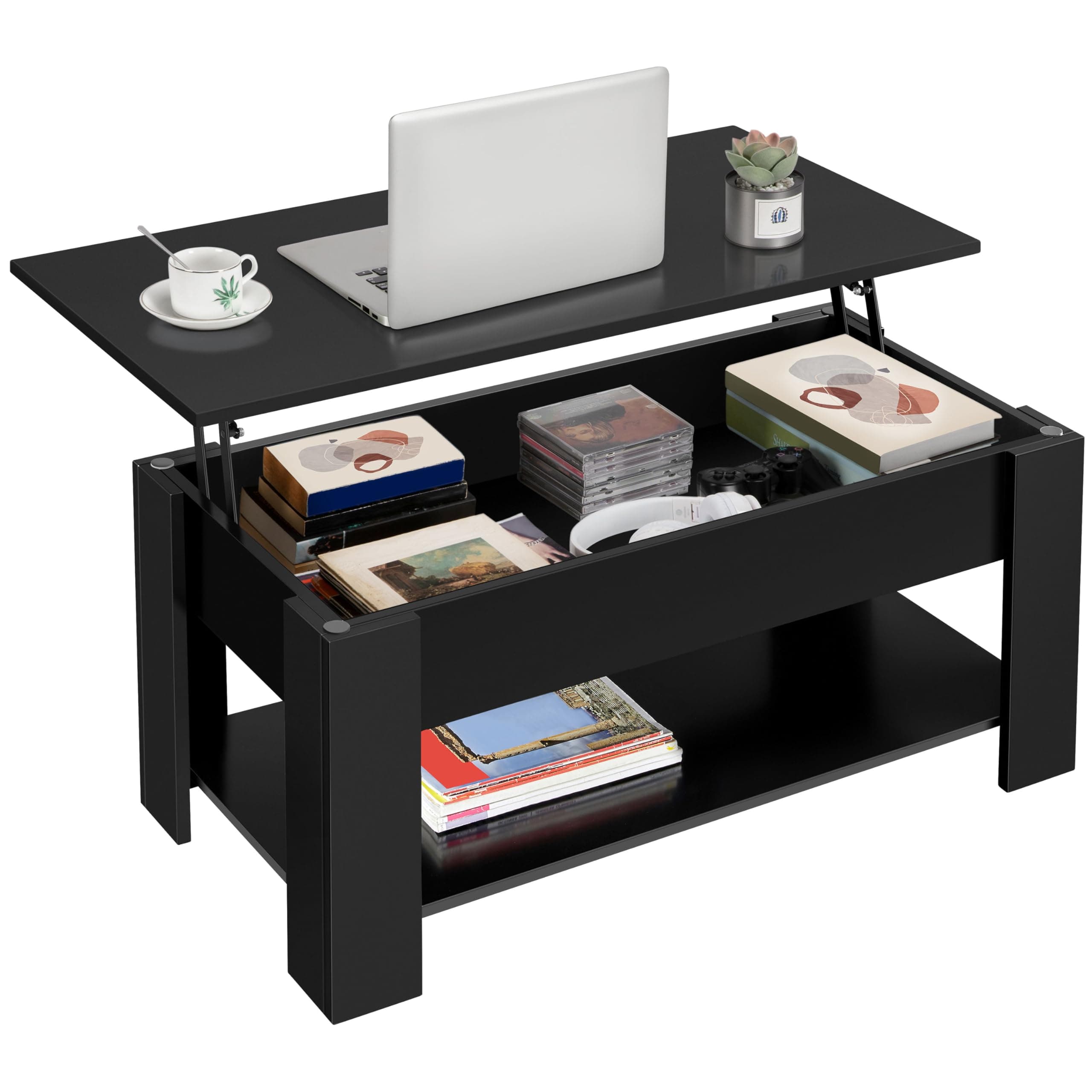 Yaheetech Tavolino da Caffè sollevabile 98 x 50 x 42-56 cm Nero | Tavolo Moderno Elevabile Con Ripiano Inferiore, per Salotto Divano, Struttura Resistente, Spazio Extra per Conservazione