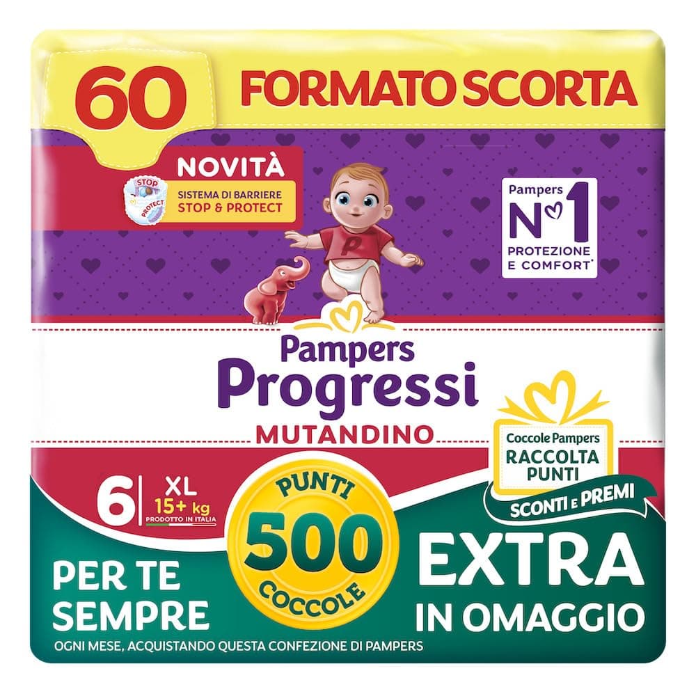 Pampers Progressi Mutandino XL, Taglia 6 (15+ kg), Formato Scorta, Barriera Stop&Protect, Pelli Delicate, Rimozione Facile, Senza Linguette, Cambio Veloce, 60 Pannolini Bambino + 500 Punti Omaggio