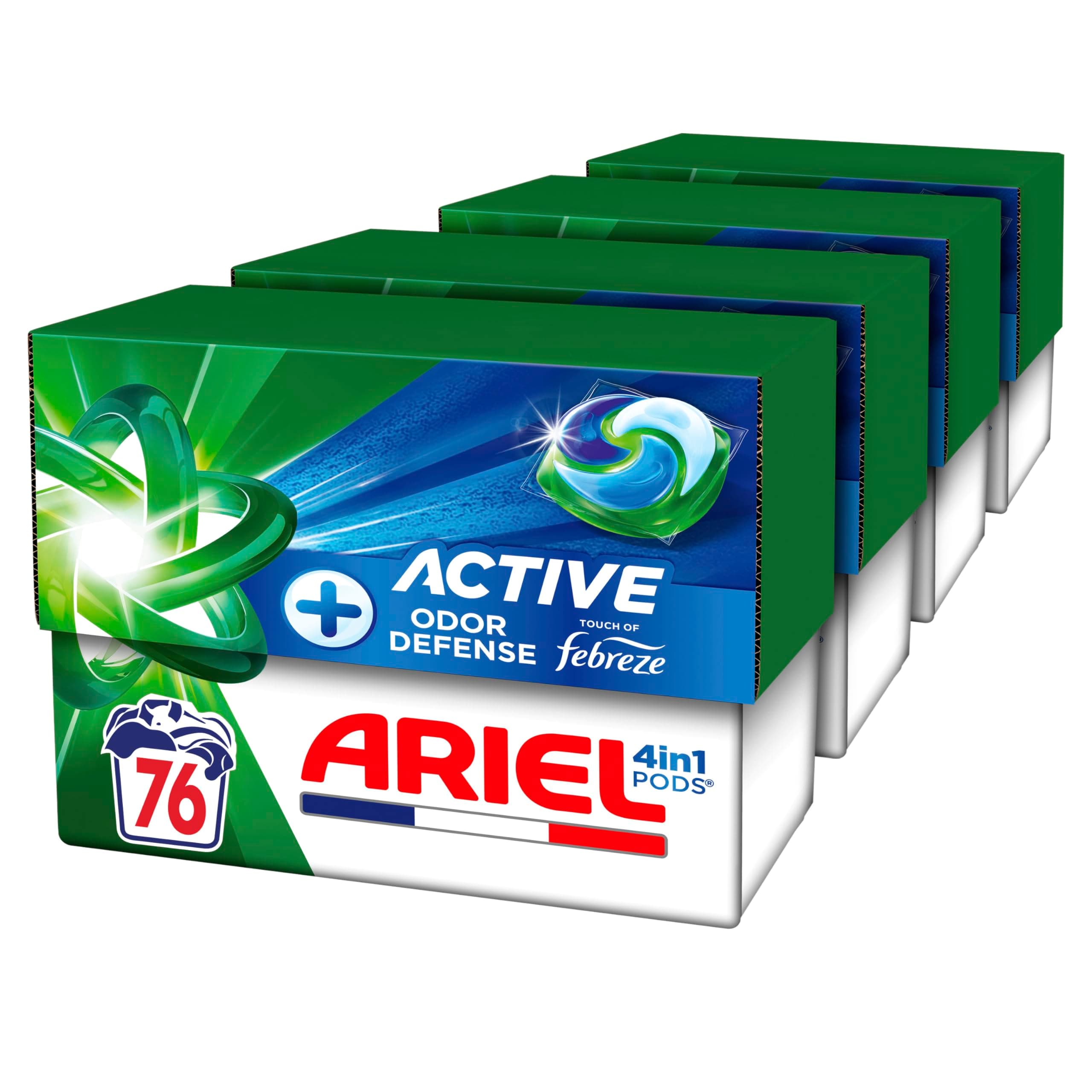 Ariel PODS 4en1 +Active, Lessive en Capsule, 76 Lavages (4X19), Élimine Même les Tâches Incrustées Depuis 7 Jours, Dissolution Rapide Même à Froid, Fabriqué en France