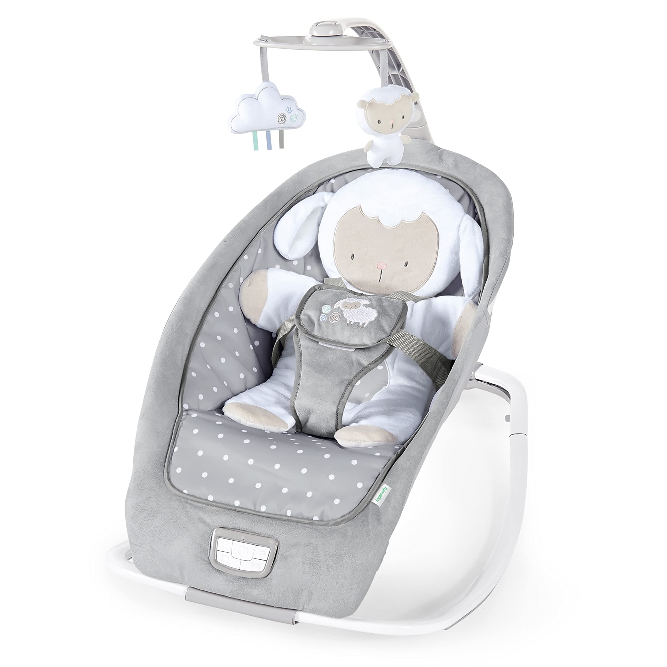Ingenuity, Hamaca Mecedora para Bebés hasta 18 kg, Cuddle Lamb con vibraciones, arco de juego con 2 peluches, 12 melodías, 4 sonidos de naturaleza, volumen regulable, ergonómico.