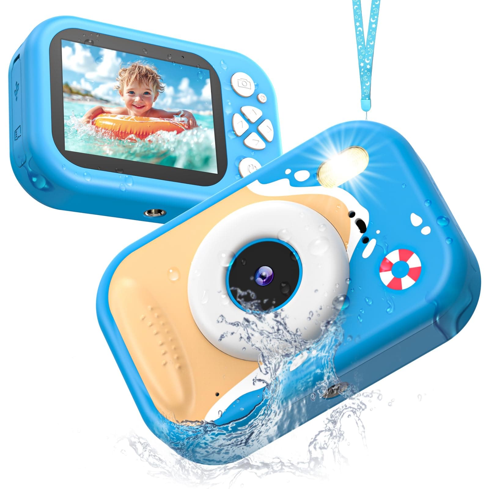 Cámara Fotos Infantil, Cámara Impermeable para Niños, 48MP HD 1080P Cámara Acuática para Niños con Pantalla de 2,4 Pulgadas Tarjeta de 32GB, Flash LED, Regalo Juguete para Niños y Niñas de 3-12 Años