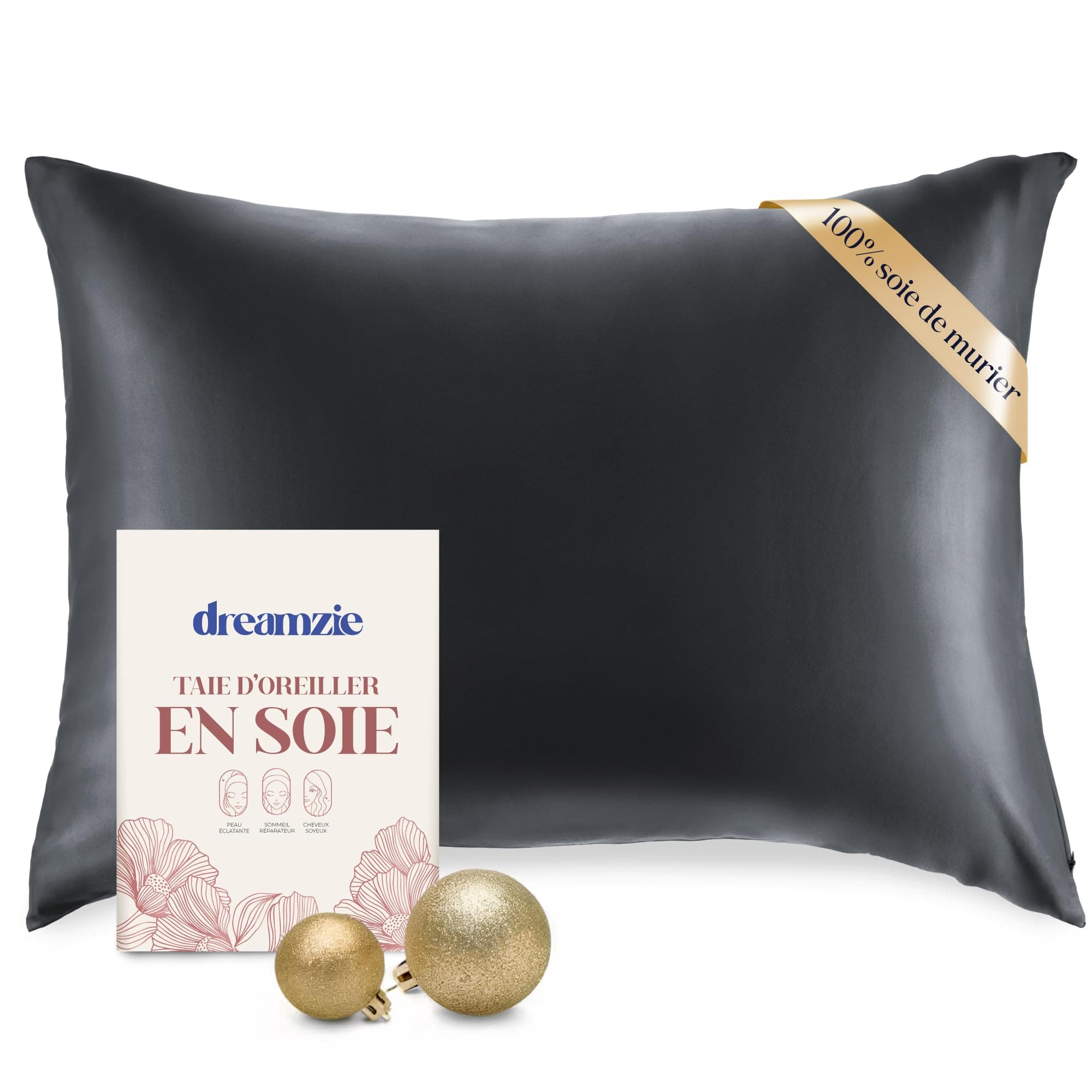 DREAMZIE Taie d Oreiller en Soie - 100% Soie Naturelle de mûrier - pour Les Cheveux et la Peau - 19 mm de Soie des Deux côtés - 1 unité - Gris Foncé - 50x75 cm