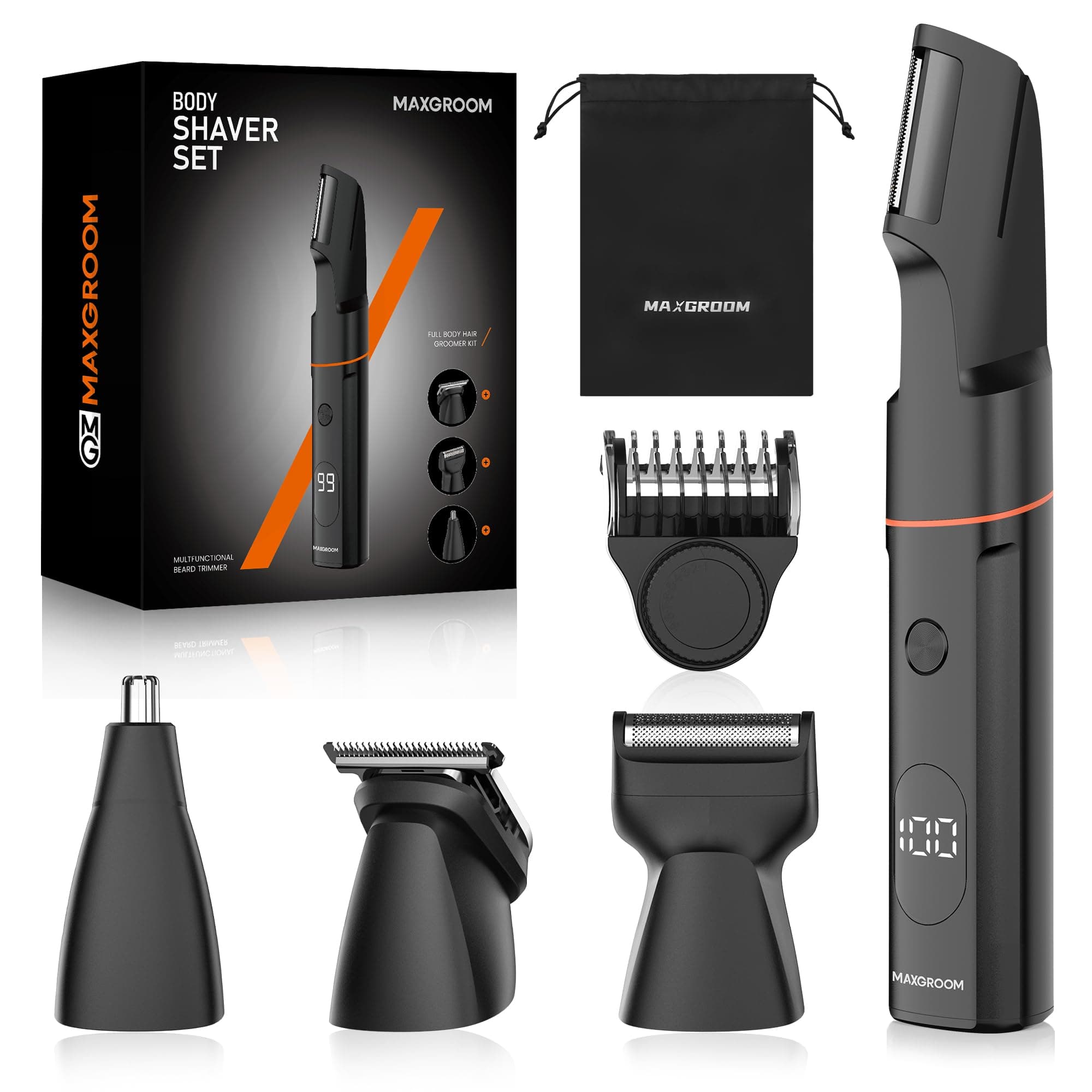 MAXGROOM Afeitadora Corporal Masculina, Set de Depiladora Corporal Hombre, 4 en 1 Maquina Depilar Hombre para Cuerpo, Genitales y Zona Intima, Recortadora en Seco y Húmedo
