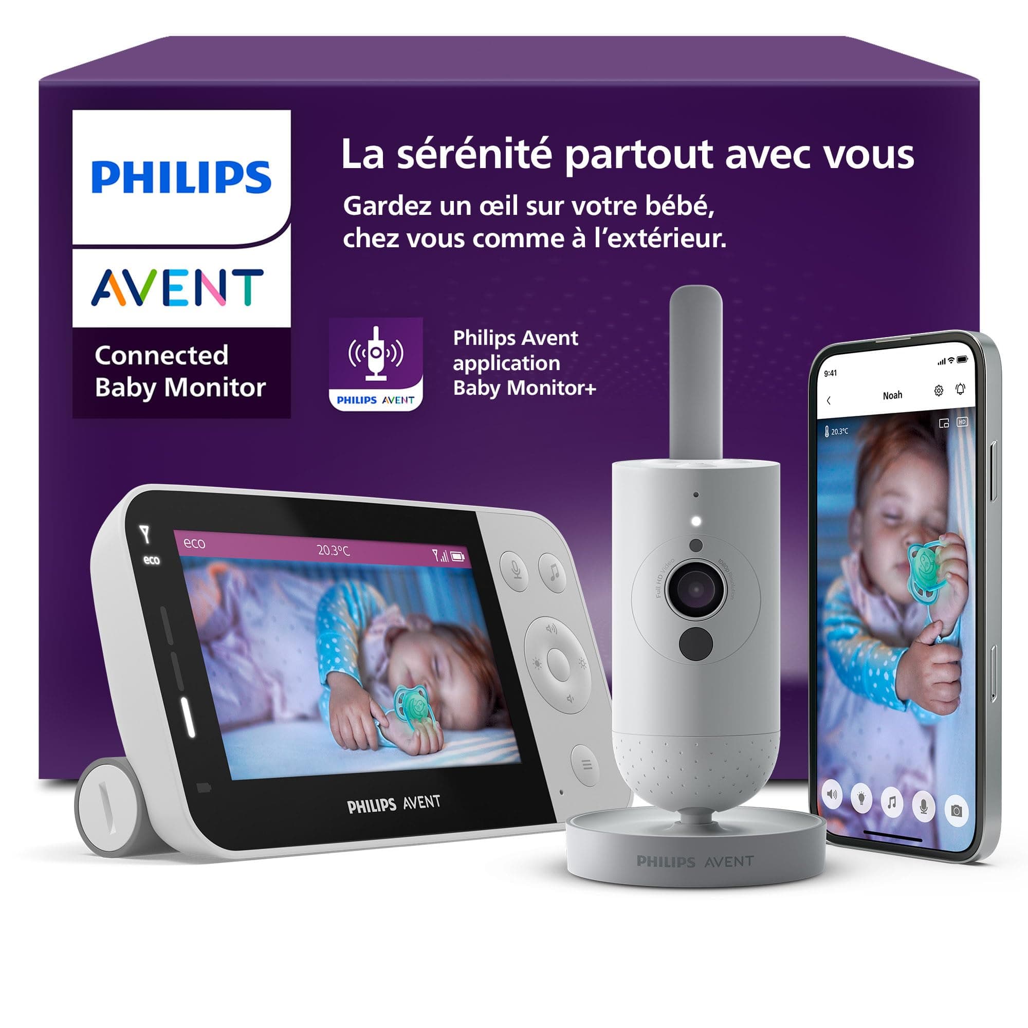 AVENT Philips babyphone Video connecté avec Wi-FI, caméra HD de Haute qualité, Vision Nocturne Infrarouge, détection des Pleurs, Audio bidirectionnel, 12 Heures d'autonomie en Mode éco, SCD951/26