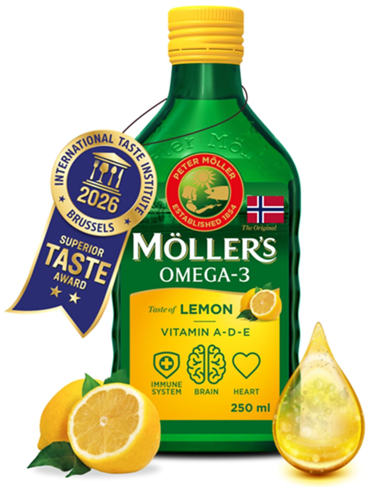 Moller’s ® | Olio di fegato di merluzzo Omega 3 | Integratori alimentari di omega-3 con EPA, DHA, vitamine A, D ed E | Superior Taste Award | Marchio esistente da 166 anni | Limone | 250 ml