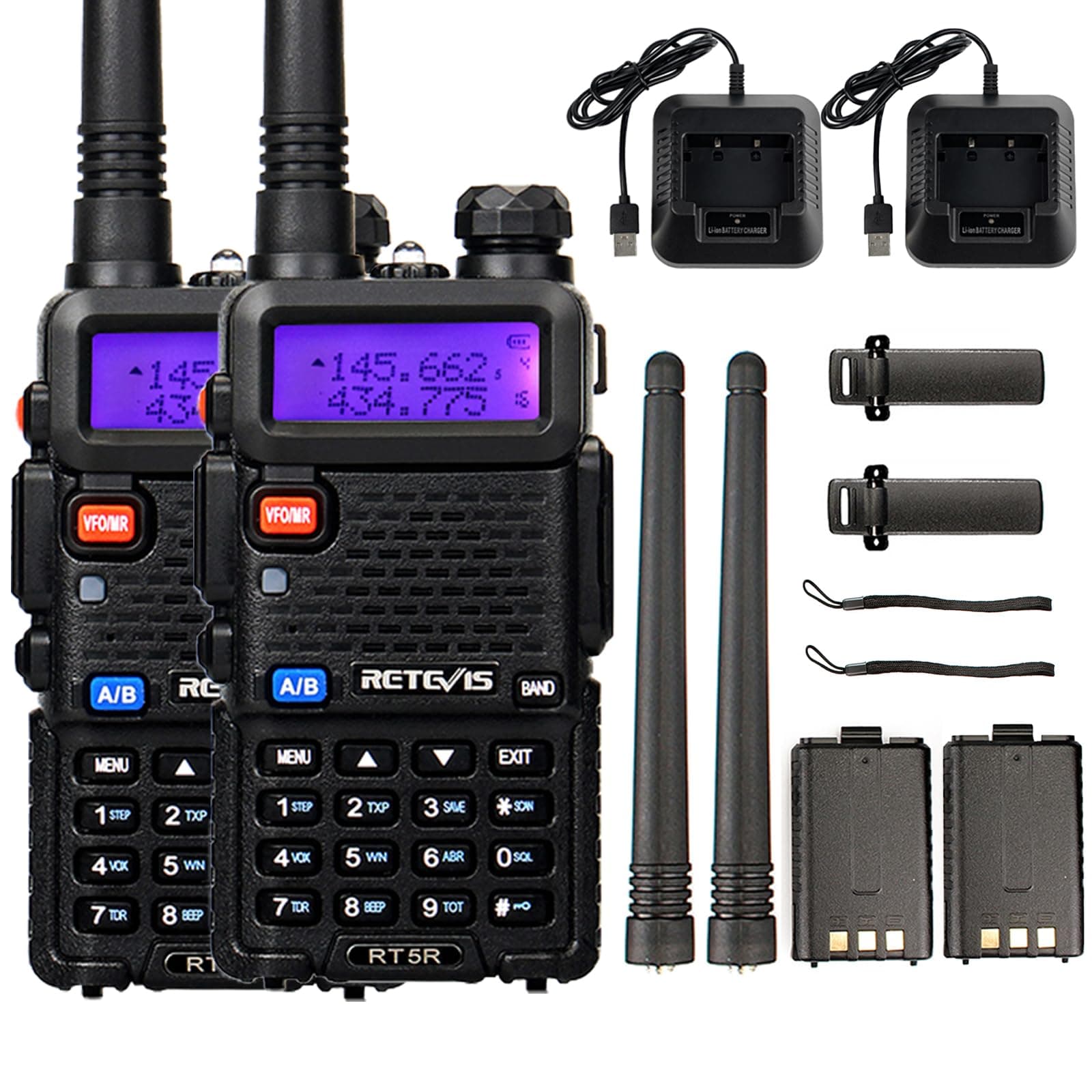 Retevis RT5R Walkie Talkie Profesional, Largo Alcance Walkie Talkie Doble Banda con Cargador de USB, 128 Canales Radio VOX FM Walkies Portátil de Mano para Almacén (RT5R (2 Piezas))