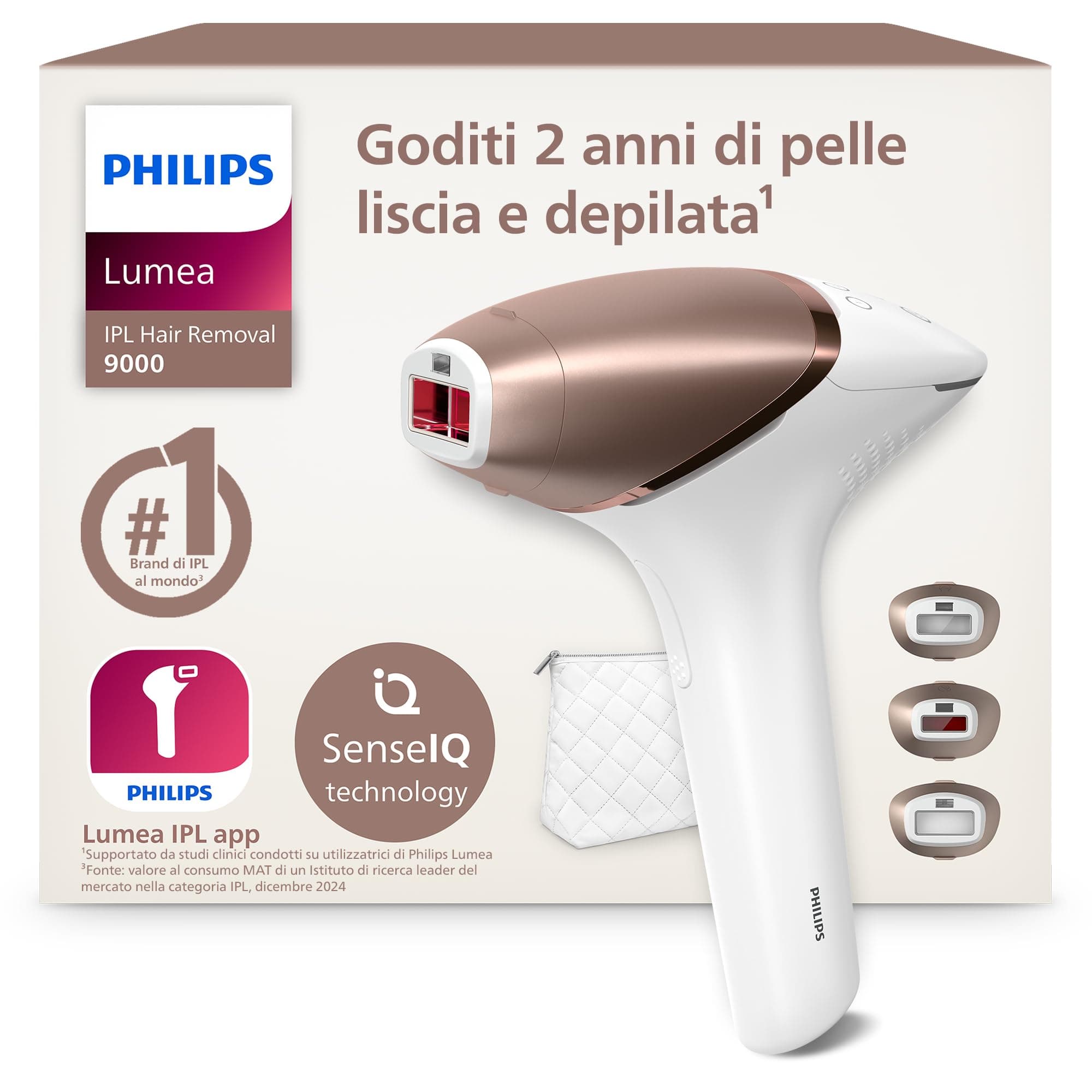 Philips Lumea 9000 Series, dispositivo di epilazione IPL, alternativa ai dispositivi di epilazione laser, SenseIQ, 3 accessori per viso, corpo e zone di precisione, con e senza filo, BRI955/00