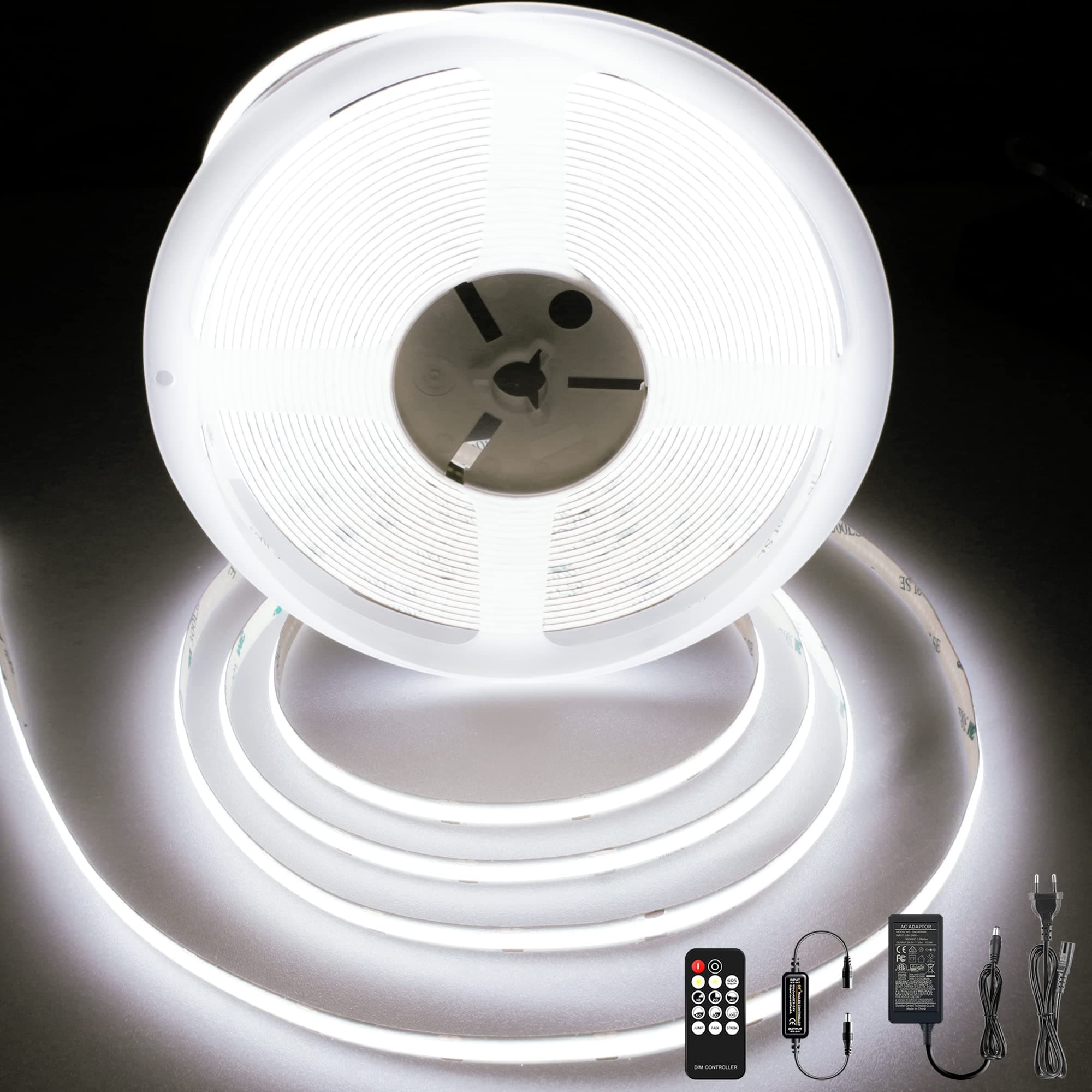 BERIXDEEP Tira LED COB 10M, Tira luz LED Regulable con Mando y Alimentación, DC24V, CRI>90, Ancho 8 mm, Tira LED Blanca Fria para Decoración de Habitaciones, 6000K