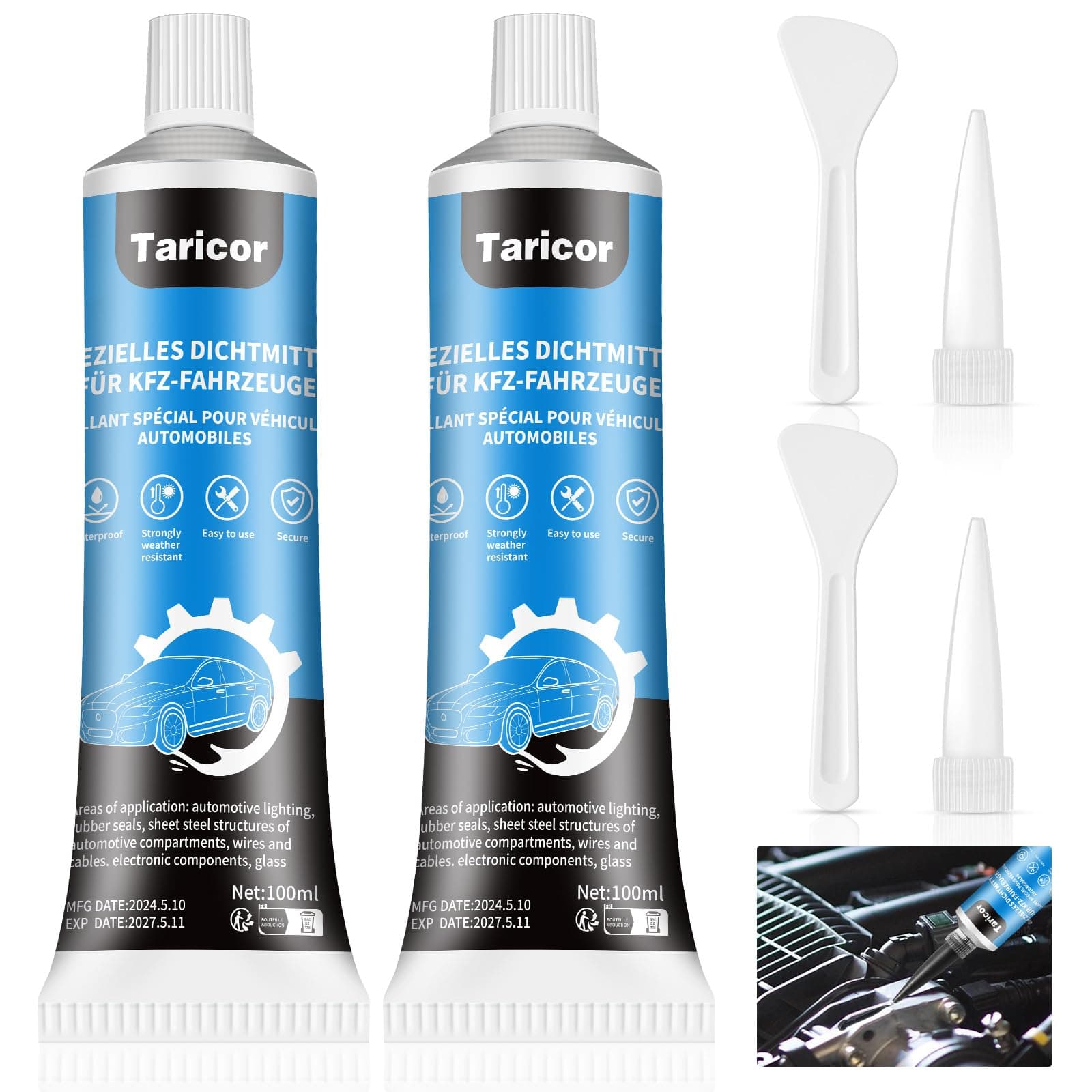 Pate a Joint Carter, 100ml x 2 Tubes Colle a Pare Brise Voiture, Colle Carrosserie Voiture Noir, Silicone Haute Temperature Adapté au Scellement des Carrosseries et Autres pièces Automobiles
