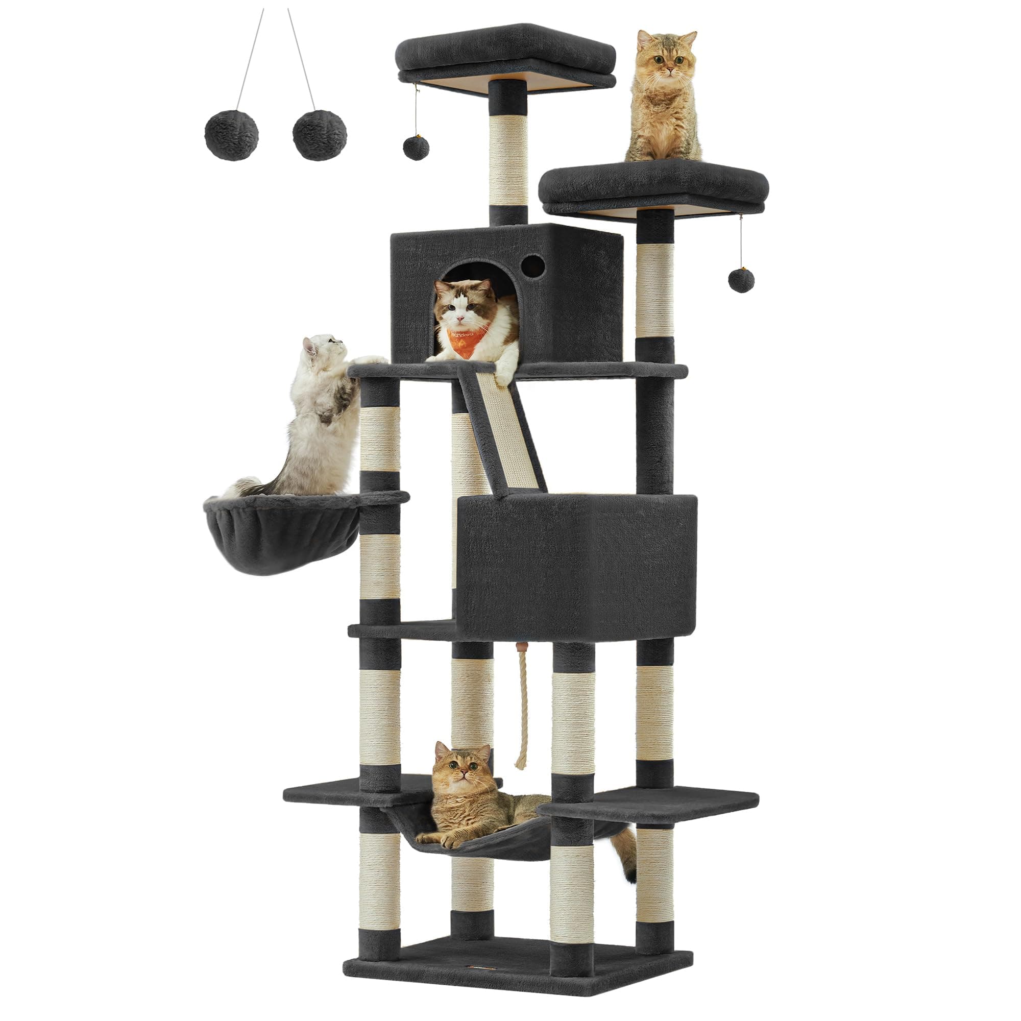 Feandrea Arbre à Chat, 203,5 cm, 2 Plateformes, 2 Grottes, Panier, Hamac | Grand Arbre à Chat à Plusieurs Niveaux, 13 Poteaux Griffoirs, Boules en Peluche, Noir d'encre, Collection CLAWFY PCT190B01