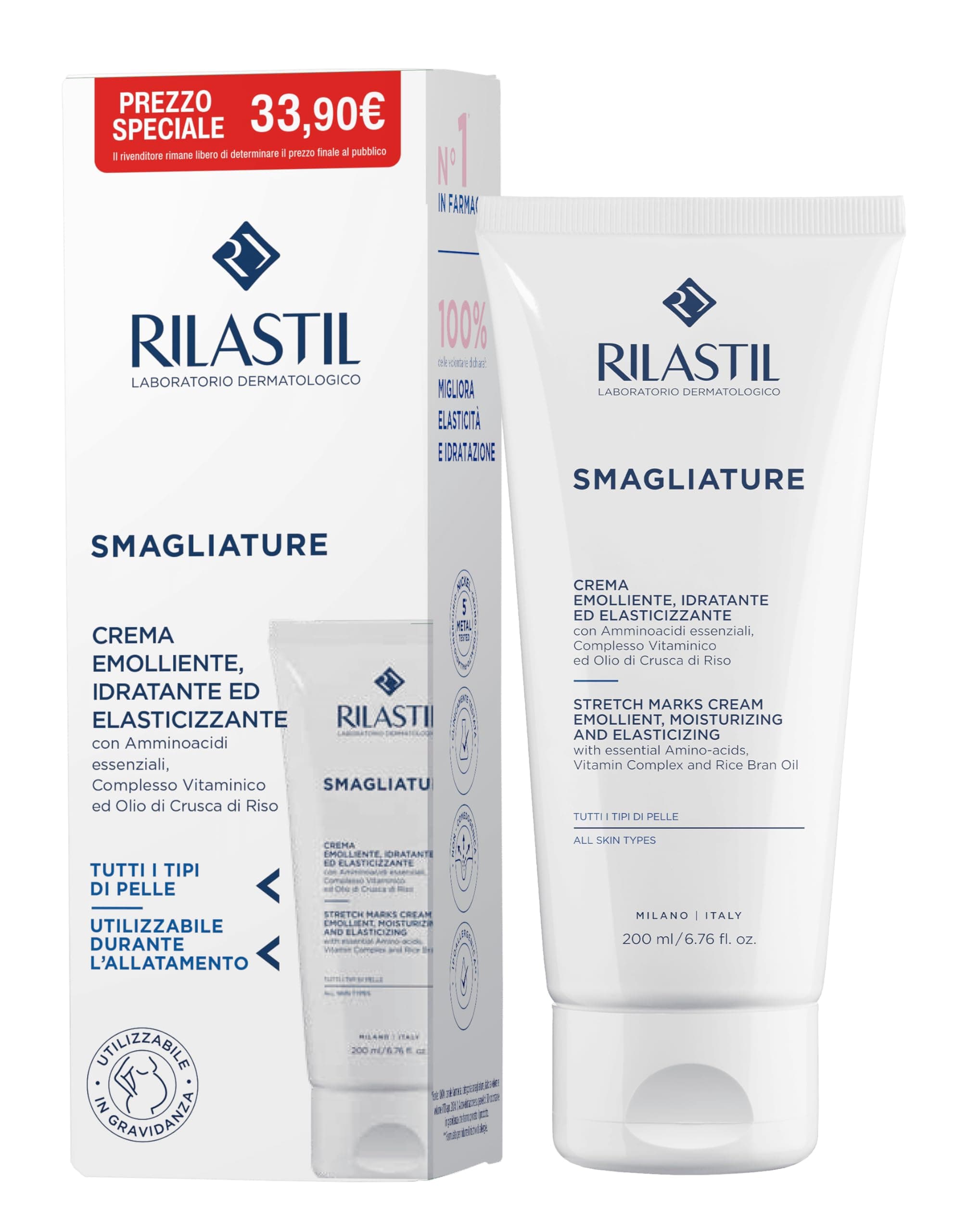 Rilastil Crema Smagliature, Trattamento Contro le Smagliature, Emolliente, Idratante ed Elasticizzante, Confezione da 200 ml