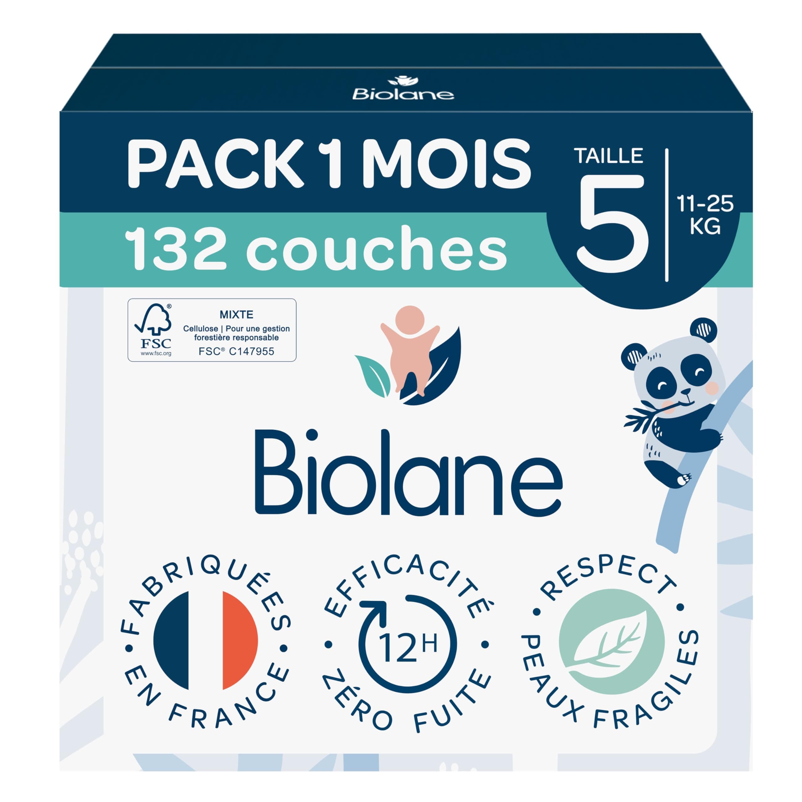 BIOLANE - Couches Bébé Taille 5 (11-25 kg) - Pack 1 Mois - 132 Couches | Peaux Sensibles, Ultra-Absorbant, Jusqu'à 12h au Sec, Pas de Fuite, Fabriquées en France