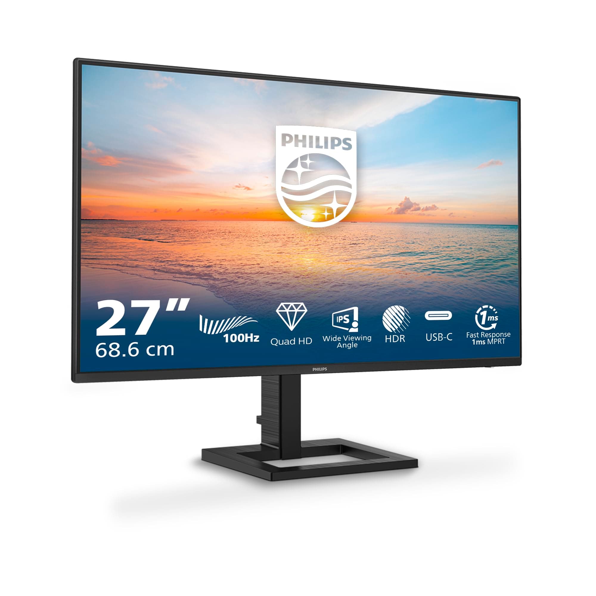 PHILIPS 27E1N1600AM - Monitor Quad HD da 27 pollici, altoparlanti, altezza regolabile (2560x1440, 100Hz, HDMI 1.4, USB-C (65W PD), Hub USB) nero