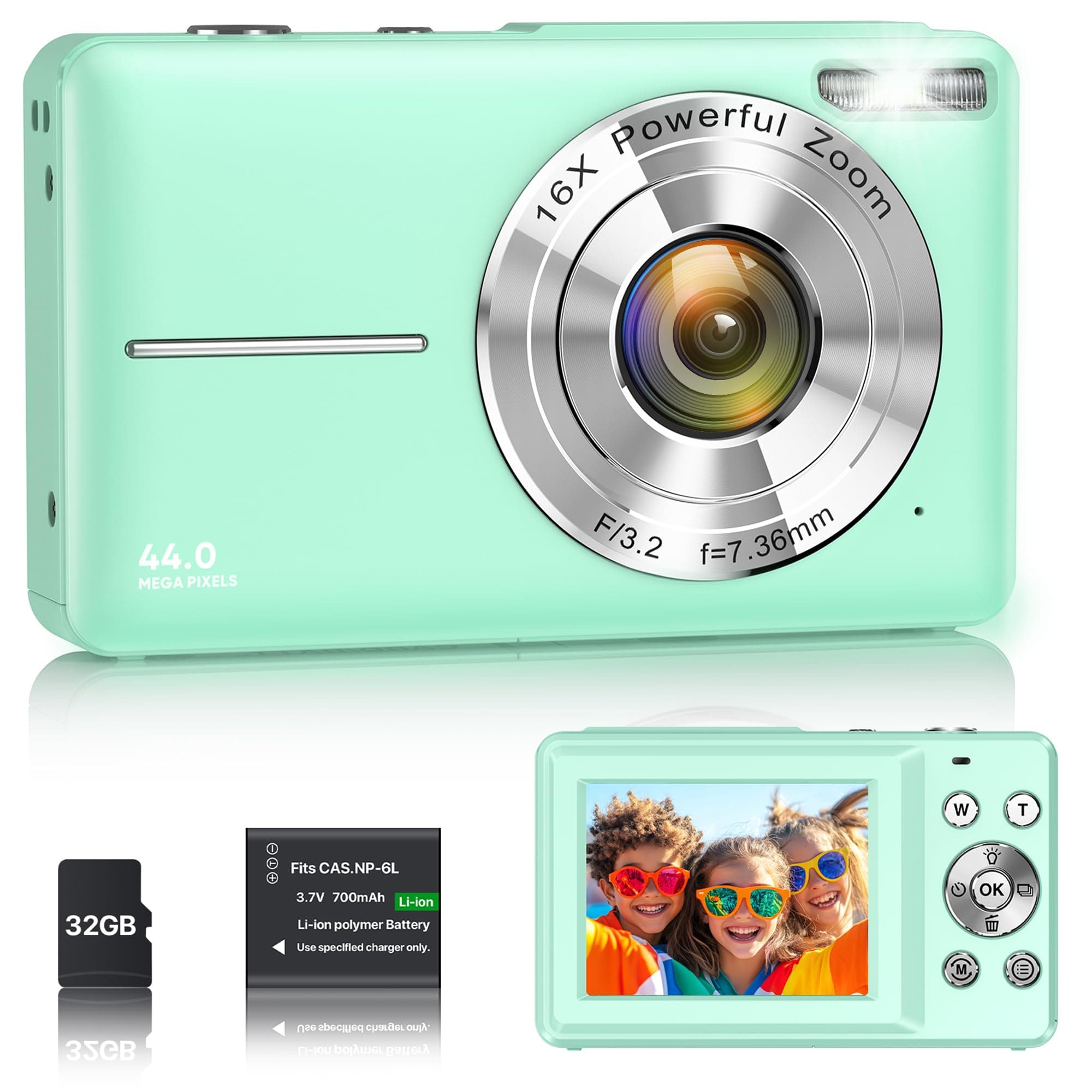 Cámara Digital 1080P 44MP Cámara de Vlogging para Niños Adolescentes, FHD Compacta Portátil con Pantalla de 2,4" Zoom 16X, Mini Cámara Anti-vibración para Principiantes Estudiantes-Verde