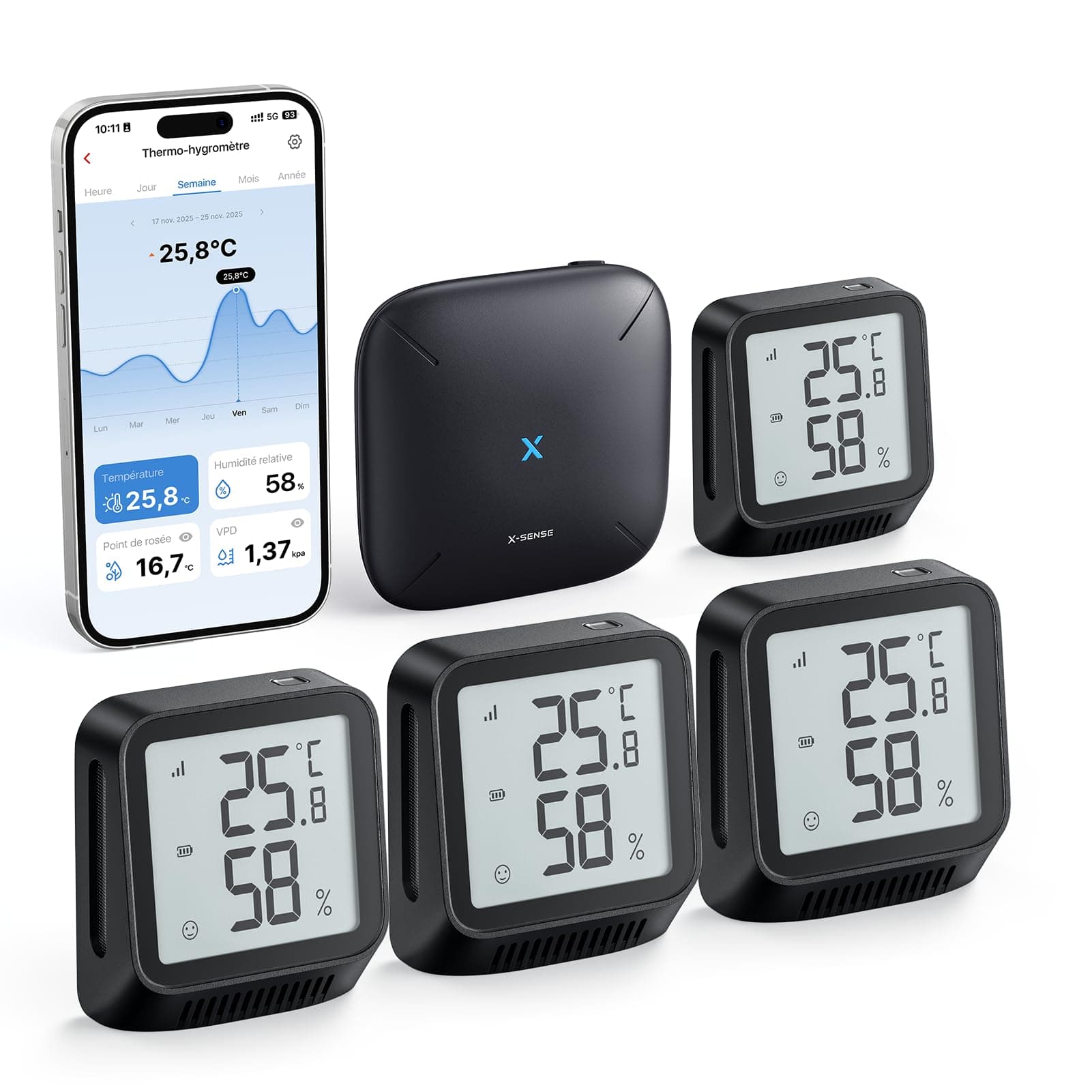 X-Sense Thermomètre Intérieur Connecté Hygromètre, Compatible Alexa, Contrôle App, Température/Humidité Point de Rosée VPD, Portée 500m, Station de Base SBS50 Incluse, STH0A41, Noir