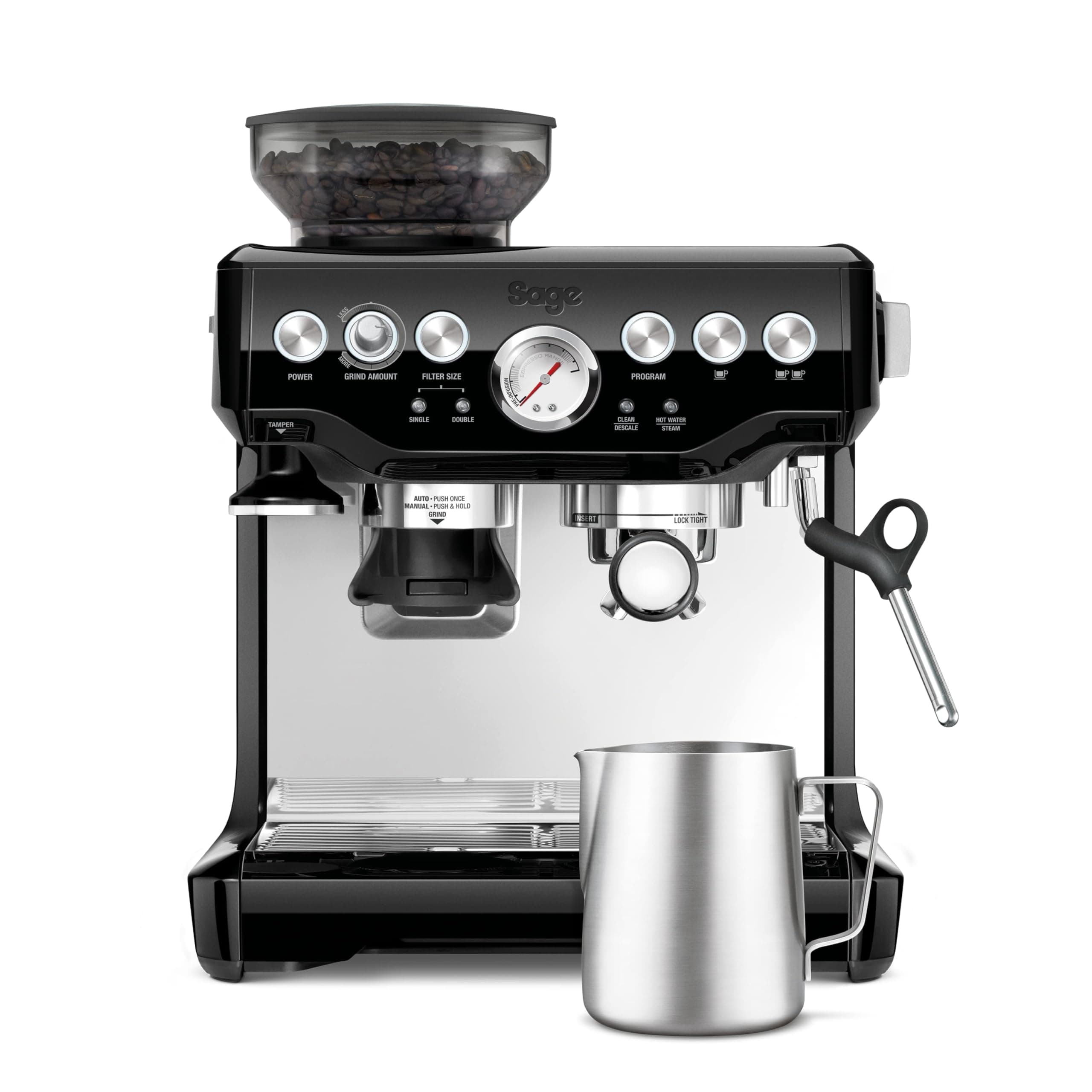 Sage - The Barista Express - Cafetera Profesional con Espumador de Leche Manual y Molinillo Integrado - Microespuma Personalizable - Sésamo Negro, Jarra de Leche