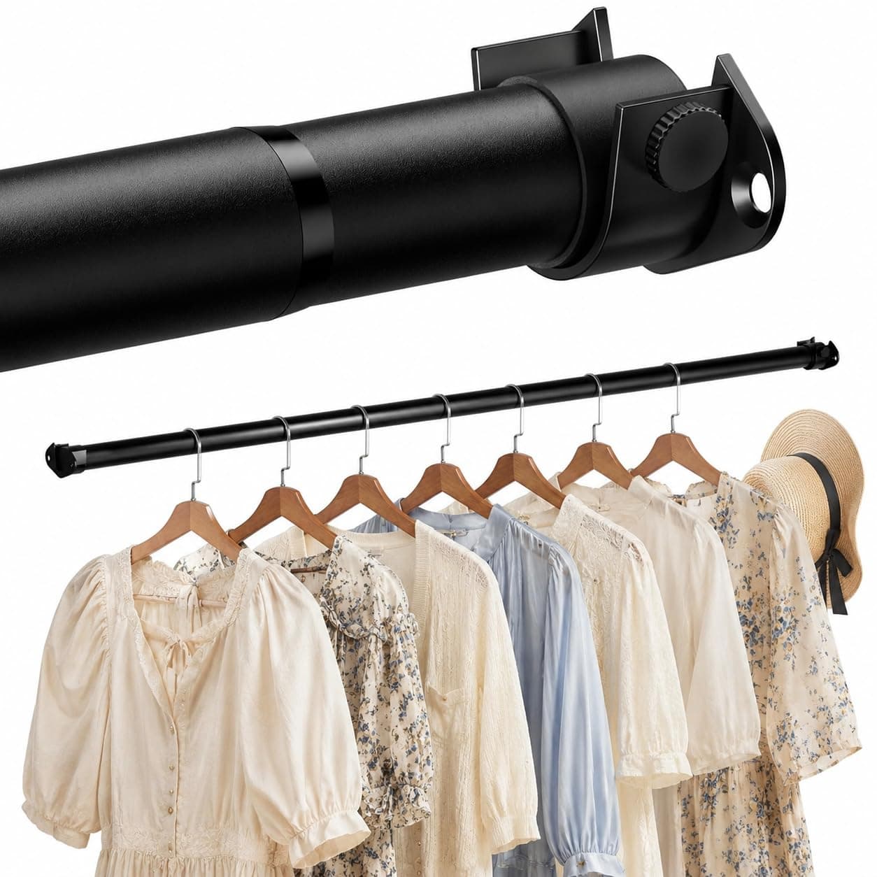 Zipglo Tringle Penderie Extensible 40-130 cm, 33mm Barre de Penderie Extensible Réglable, Barre Penderie Murale Robuste en Métal pour Placard, Dressing, Garde-Robe, Buanderie et Vêtements, Noir