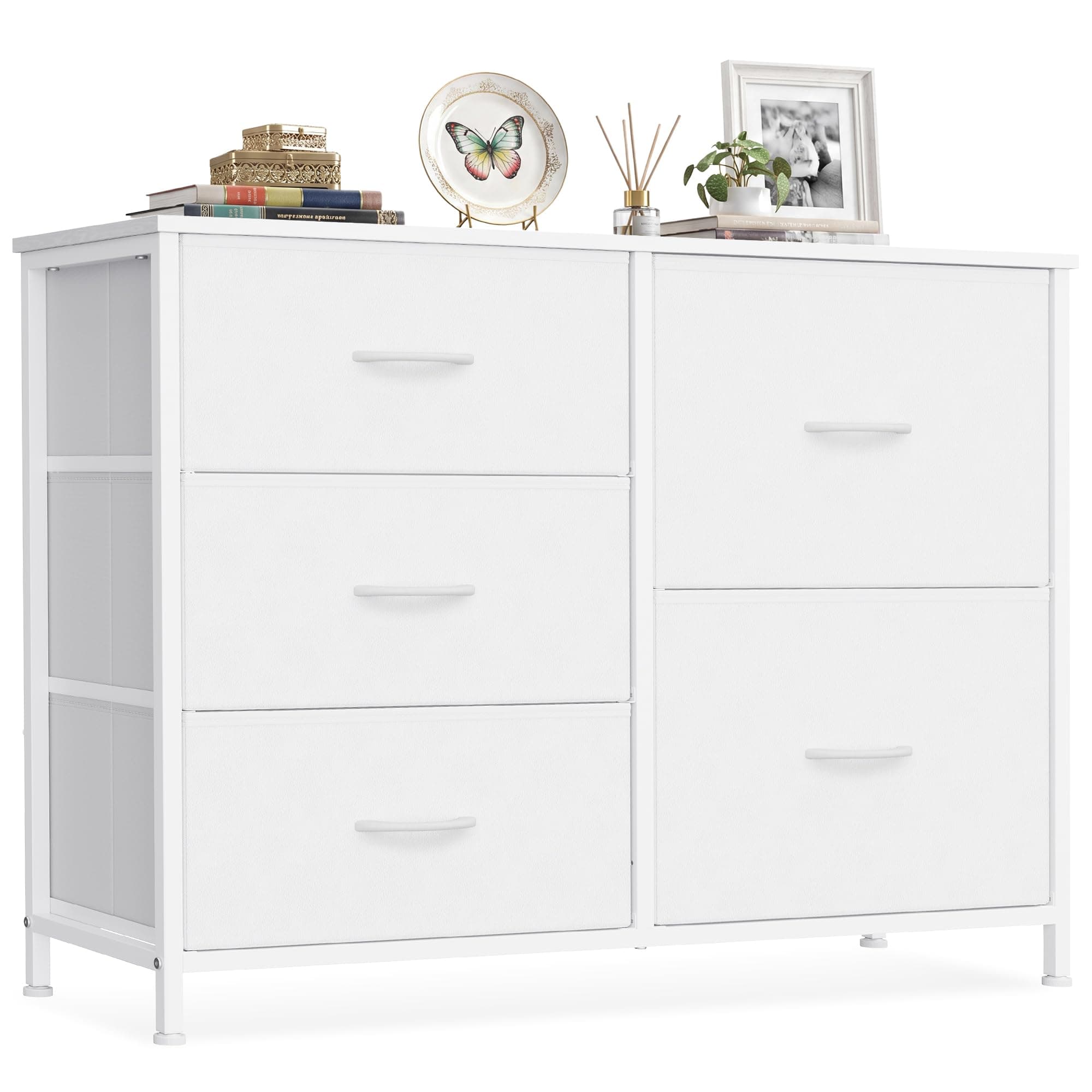 SONGMICS Cassettiera con 5 Cassetti in Tessuto, 98,7 x 30 x 74,7 cm | Mobiletto Portaoggetti, Struttura in Acciaio, per Camera da Letto, Soggiorno, Bianco Nuvola, Collezione BELLAH LGS235W101