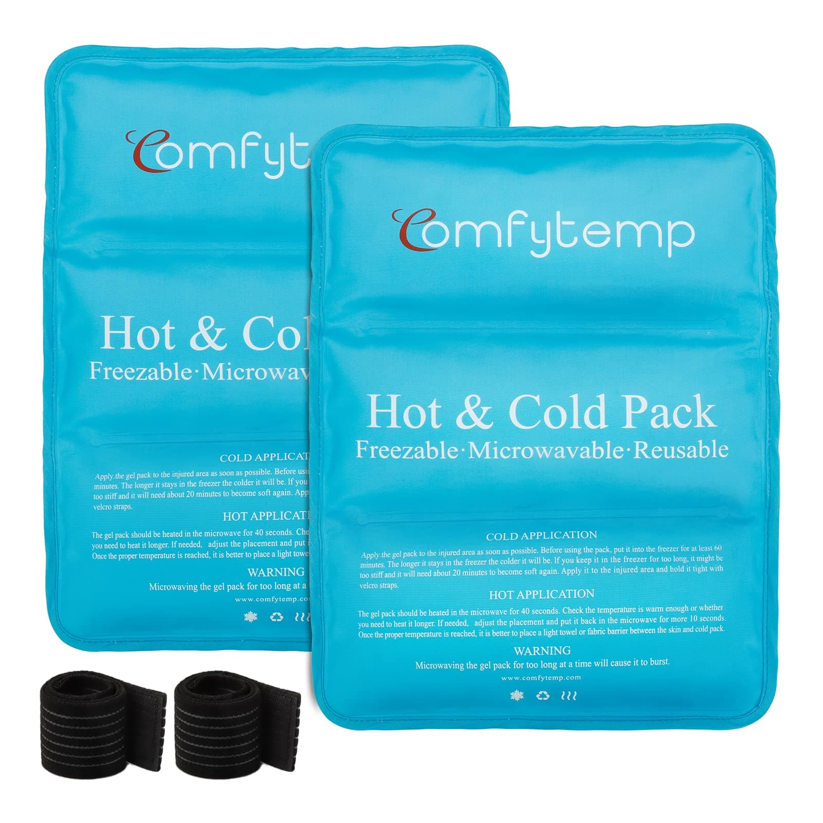 Comfytemp Lot de 2 Poche de Glace Réutilisable 27x37cm, Gel avec Sangle pour Soulager la Douleur, Épaules, Genou, Pied, Coude, Compresses Chaudes et Froides pour Entorses, Gonflements, Ecchymoses
