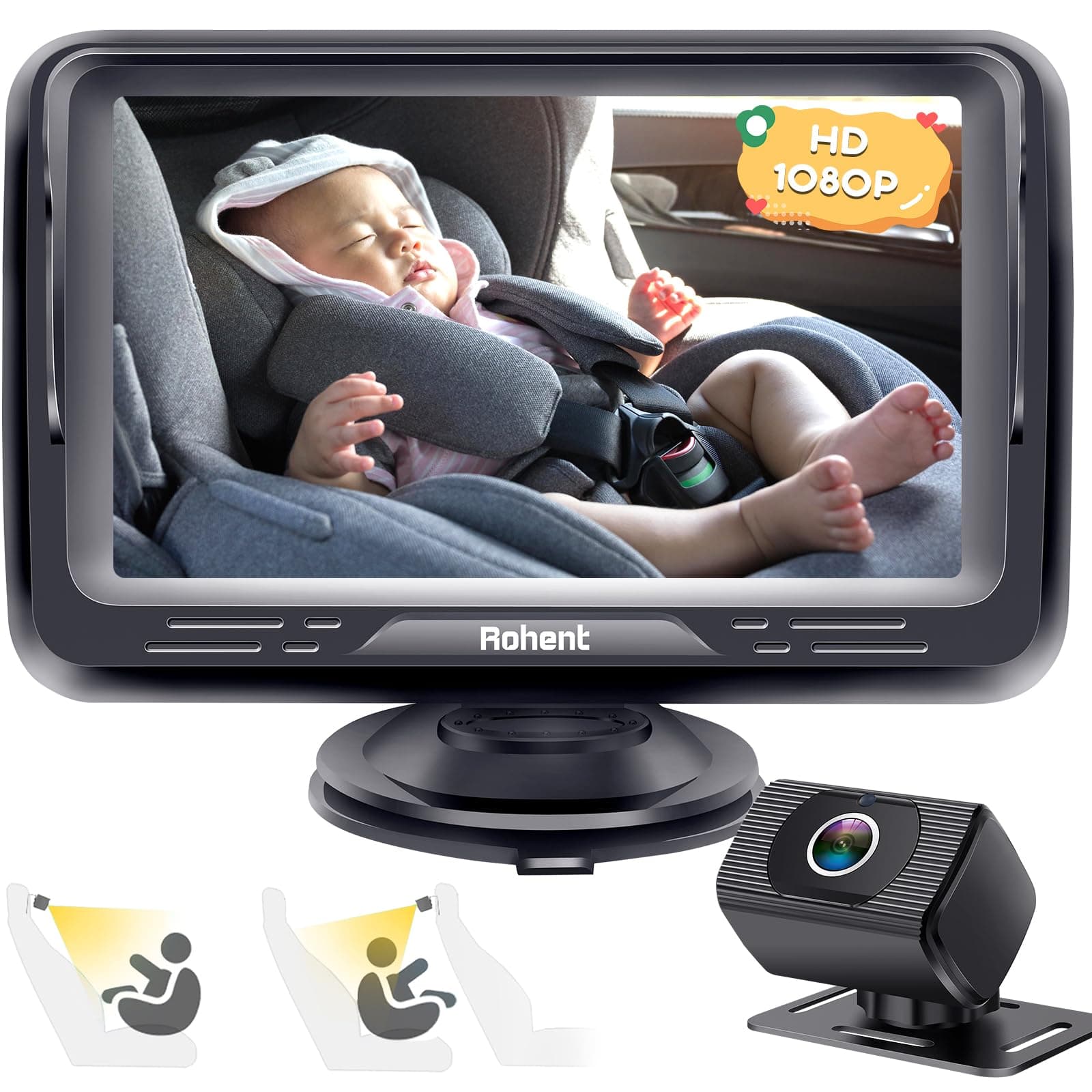 Miroir Voiture Bébé HD 1080P Retroviseur Voiture Bebe 5 Mins Easy Installation Crystal Night Vision Infant Travel Safety Kit Rohent N06