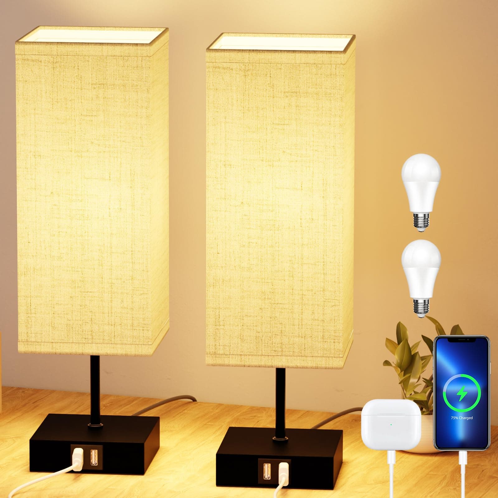 Toipwen Lámparas de Mesita de Noche Control Táctil, Bedside Lamp con 3 Temperaturas de Color y Regulable, 2 Puertos USB de Carga, 2 x 6W E27 Bombillas, ideal para Dormitorio, Sala de Estar y Oficina