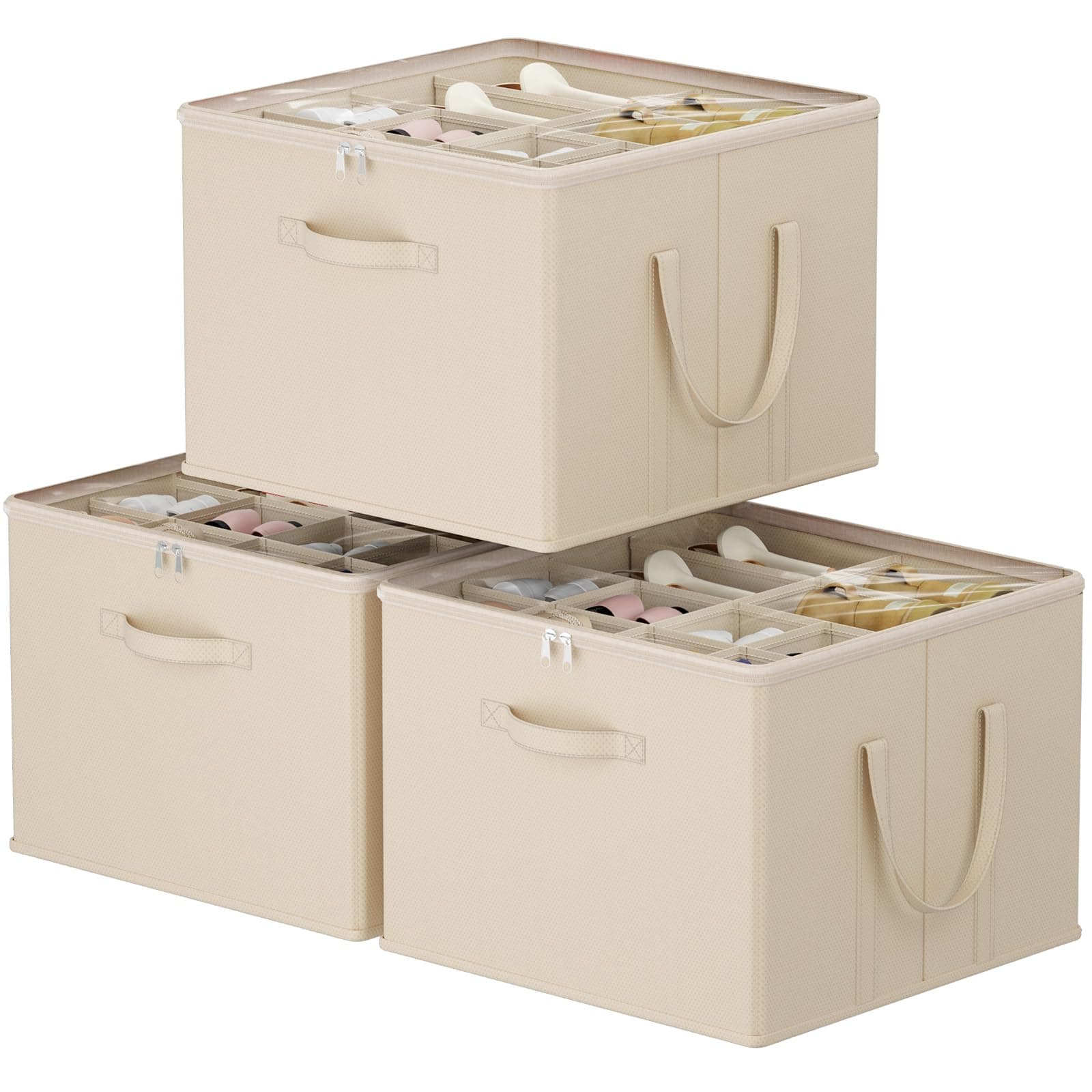Lifewit Organizer Scarpe Armadio, Scatola Porta Scarpe Pieghevole per 12-16 Paia con Coperchio Trasparente, Contenitore con Divisori e Manici Rinforzati, 43 x 43 x 31 cm, Beige, 3 Pezzi