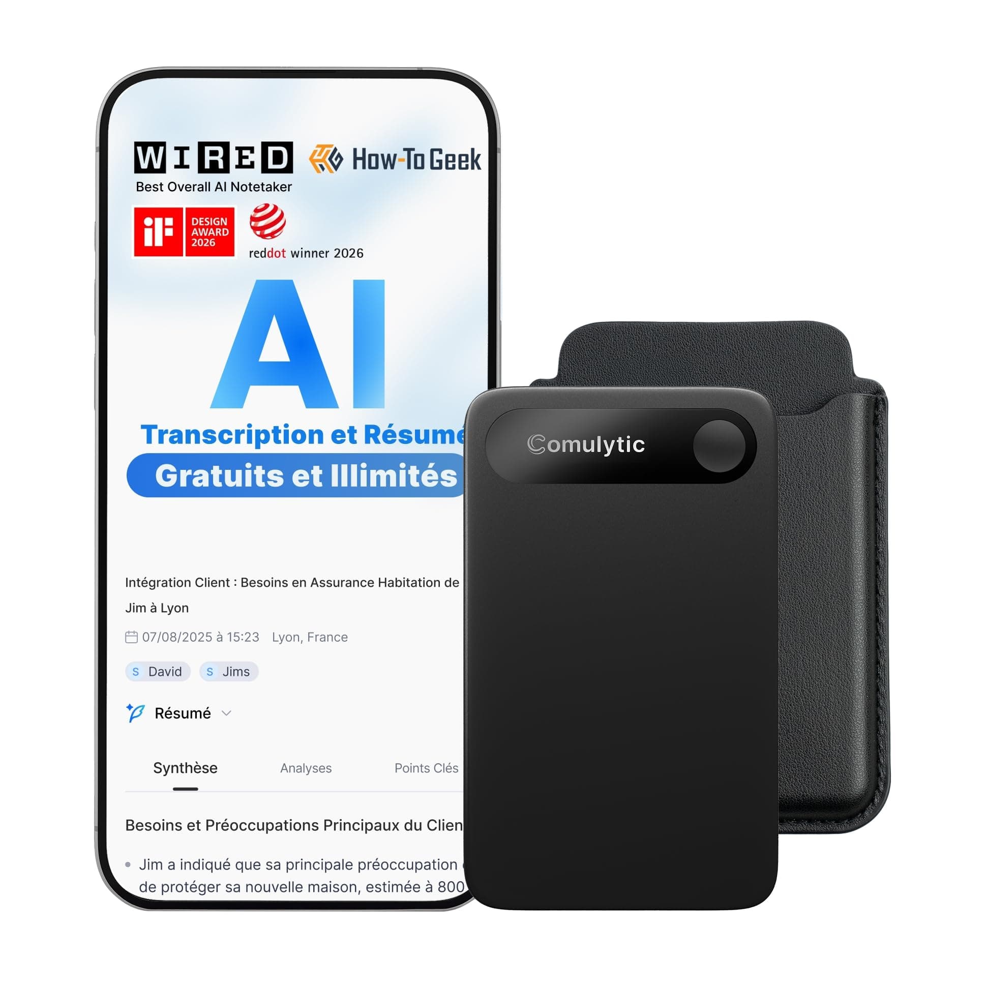 Comulytic Note Pro Enregistreur Vocal IA numérique avec Transcription et résumé illimités, dictaphone avec contrôle Via Application et étui, 113 Langues pour conférences, réunions et appels, Noir