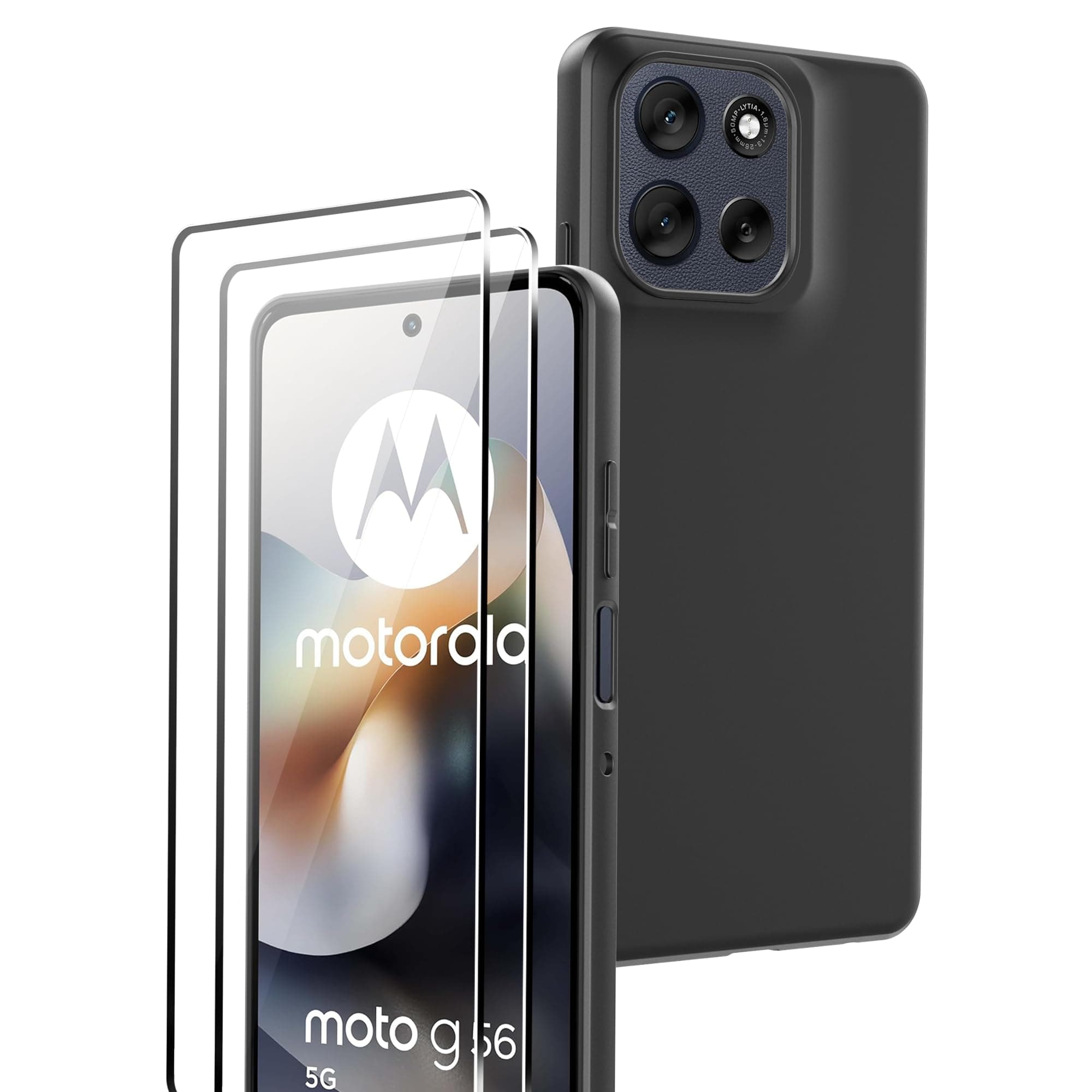 Rojeuinn cover per Motorola Moto G56 5G + 2 pezzo Vetro Temperato, Proteggi schermo ultra trasparente con durezza 9H, custodia protettiva morbida anticaduta e antipolvere -Nero