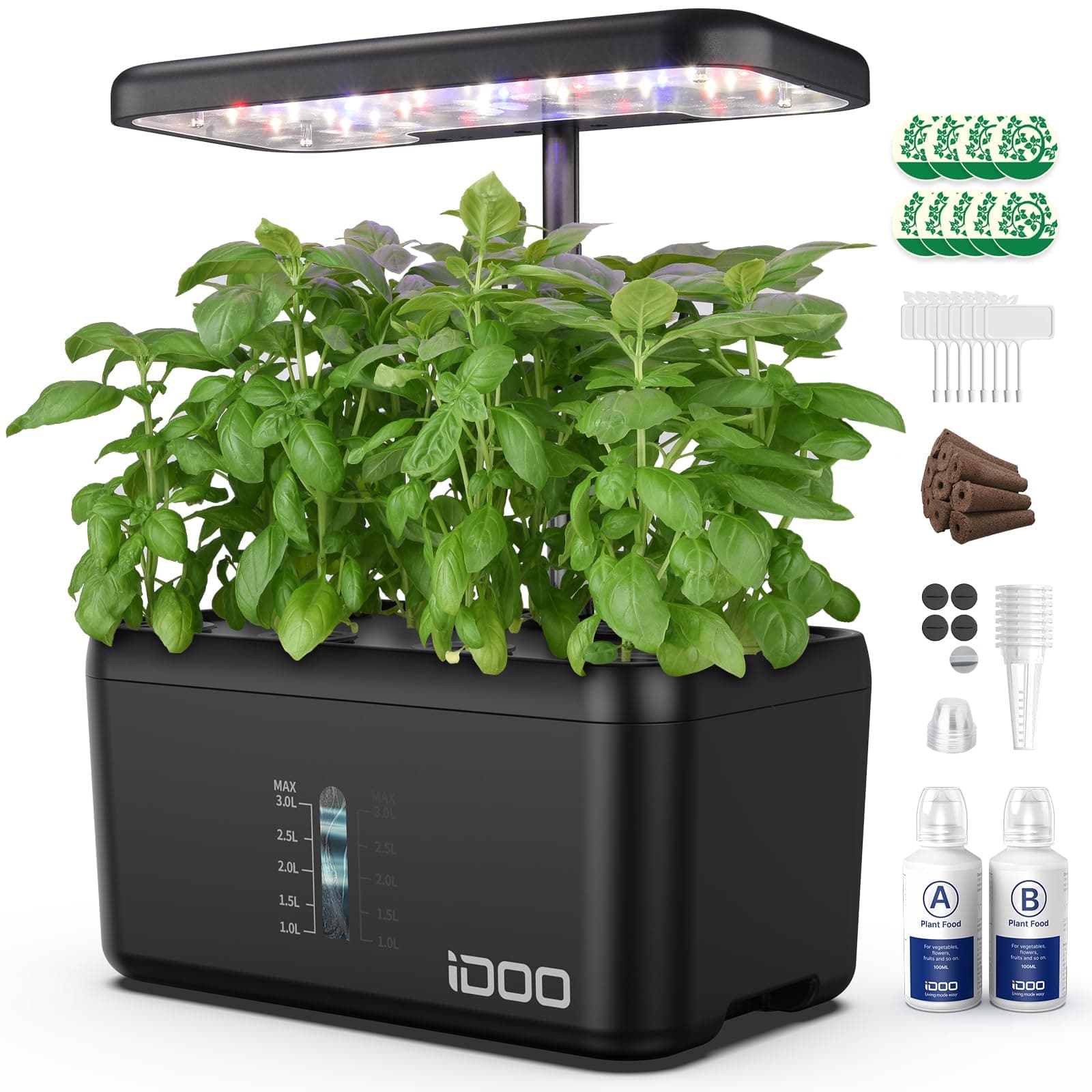 iDOO Sistemas de Cultivo hidropónico, 8 vainas Inteligente jardín Interior con luz LED de Plantas, Temporizador automático Kit de jardín de Hierbas de Interior, 38 cm de Altura Ajustable, Negro