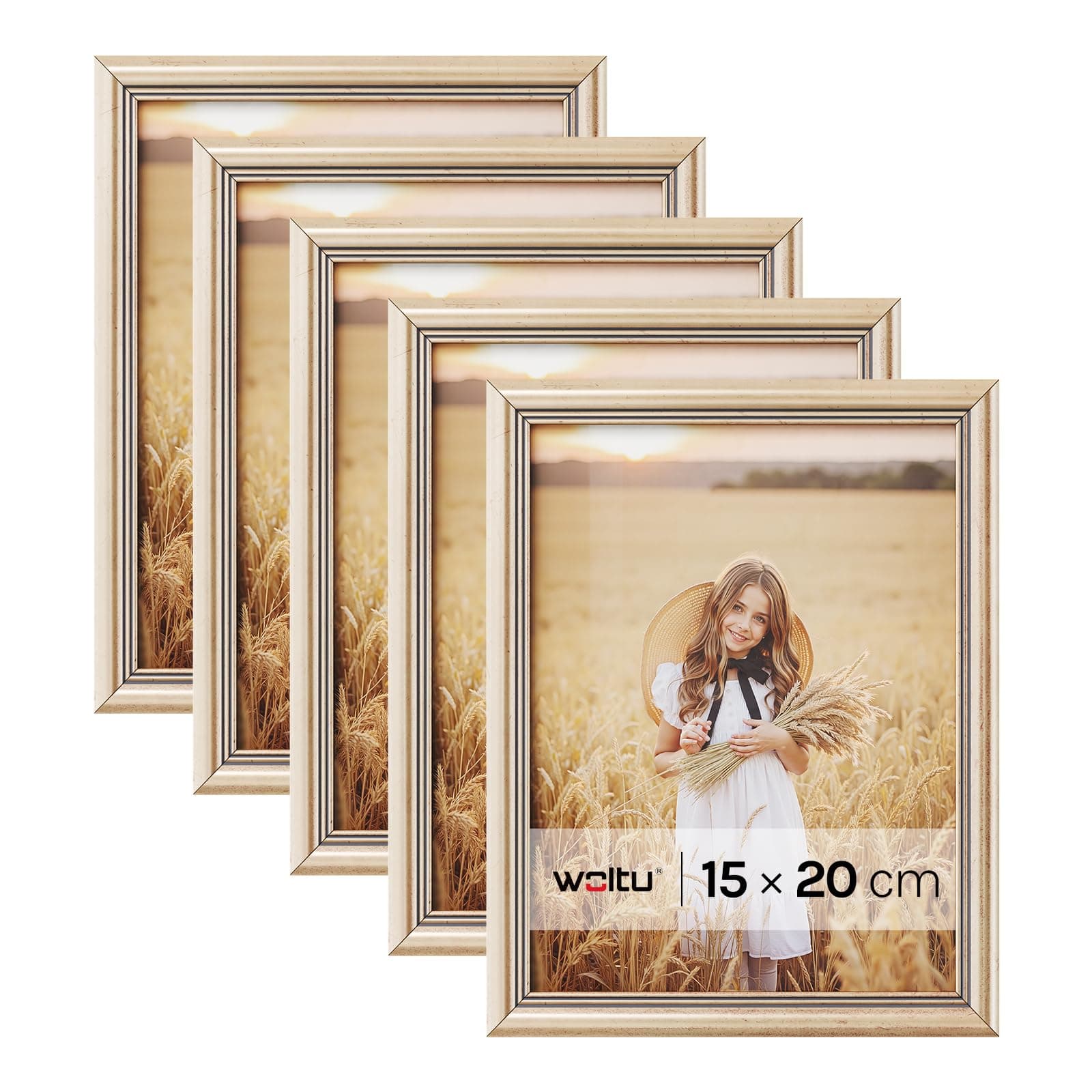 WOLTU Bilderrahmen 15x20 cm Gold, 5er Set Fotorahmen aus Massivholz und PS-Platte, Holzrahmen mit Passepartout, zum vertikalen oder horizontalen Aufhängen/Aufstellen, Posterrahmen Collage Wanddeko